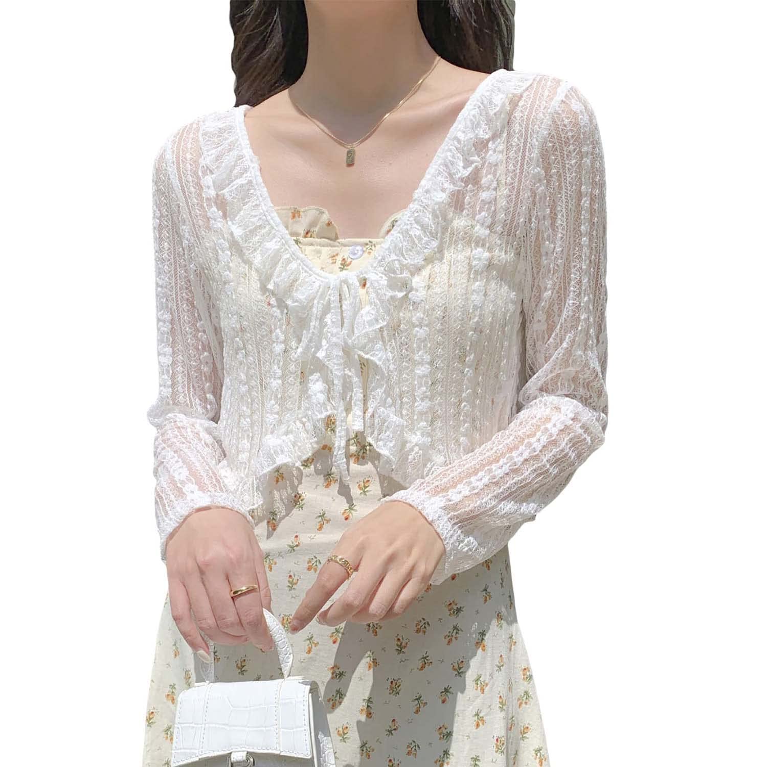 Women's Cottagecore Lace Cropped Cardigan - Long Sleeve Mesh Summer Cover Up | Fairycore Beachwear & Boho Outfit for Outdoor Picnics, Music Festivals