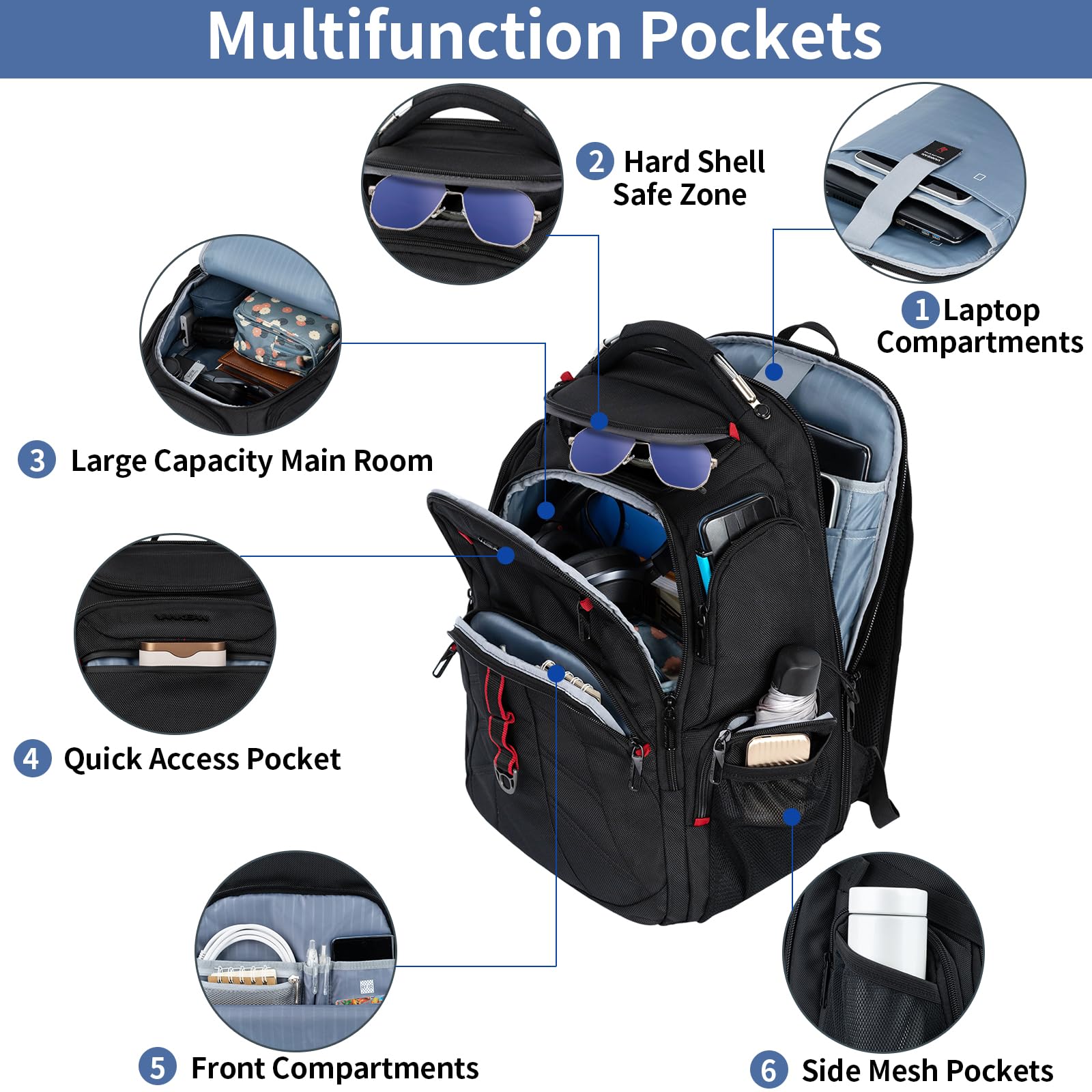 VANKEAN 17.3 Inch TSA Approved Laptop Backpack - Water Resistant Anti Theft Business Computer Bag with USB Charging Port & RFID Blocking Pockets for Men & Women - Perfect for Travel, Work & College (Black)