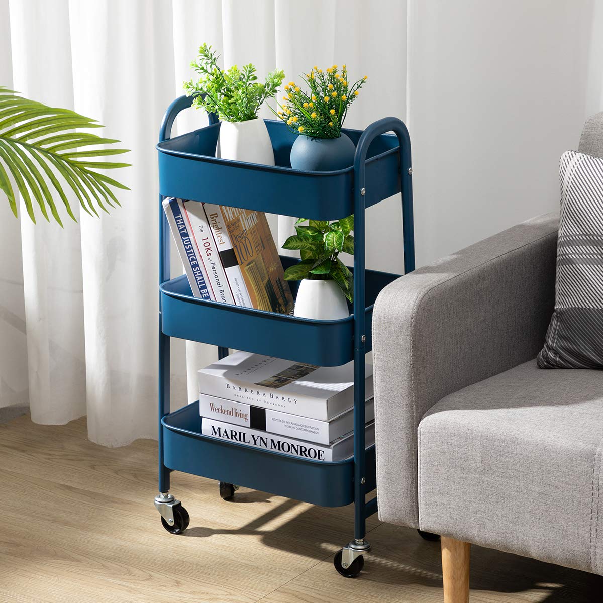 AGTEK Makeup Cart with Wheels - 3-Tier Rolling Organizer & Metal Utility Cart in Navy Blue for Salon, Home, or Professional Makeup Artists