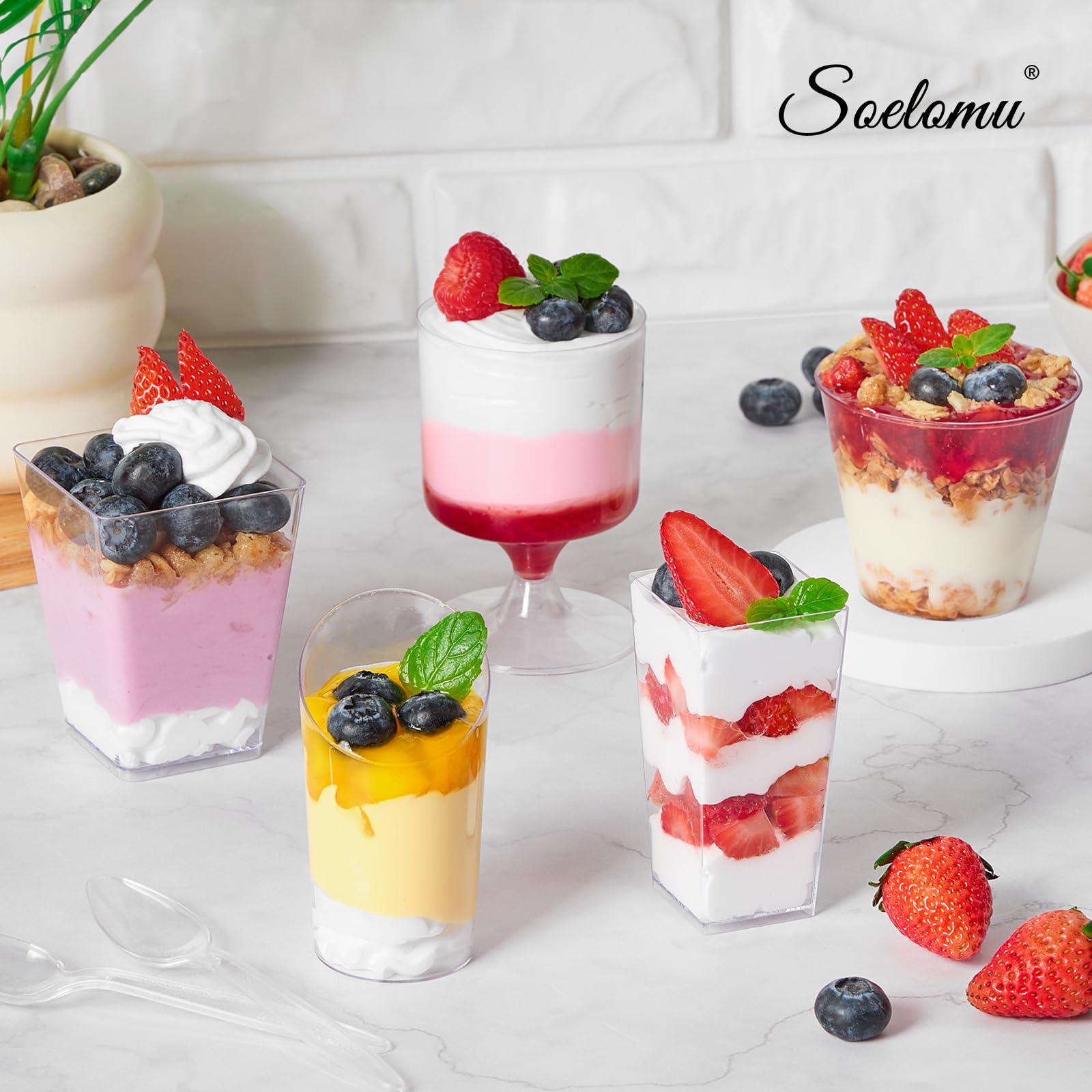 100-Pack 5 oz Square & Goblet Plastic Dessert Cups with Spoons - Mini Parfait & Shooter Cups for Banana Pudding, Yogurt, Fruit, Jello - Perfect for Parties, Catering & Home Dessert Serving