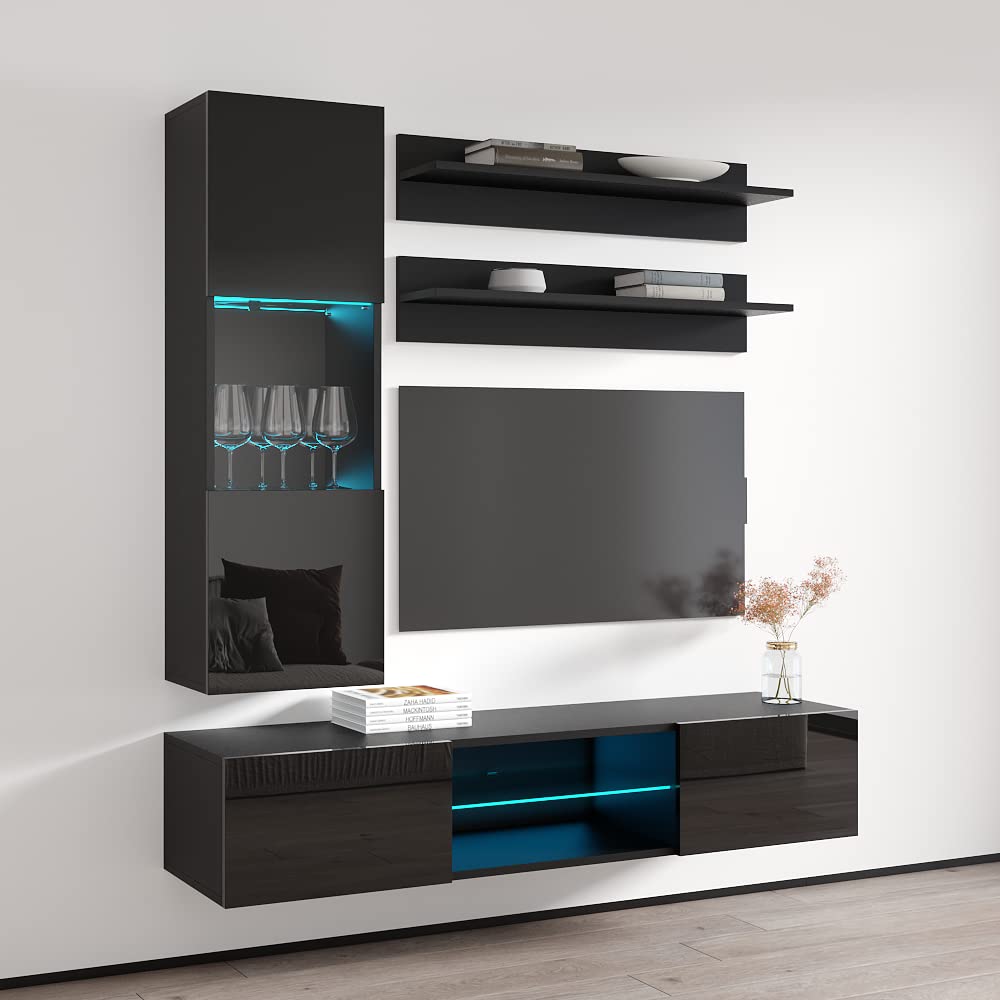 Modern Floating TV Stand with Storage & LED Lights - Wall-Mounted Entertainment Center for Bedroom & Living Room - 33 Inch TV Console with Shelves - Space-Saving Hanging TV Cabinet for Small Apartments & Home Theater Setup - Black