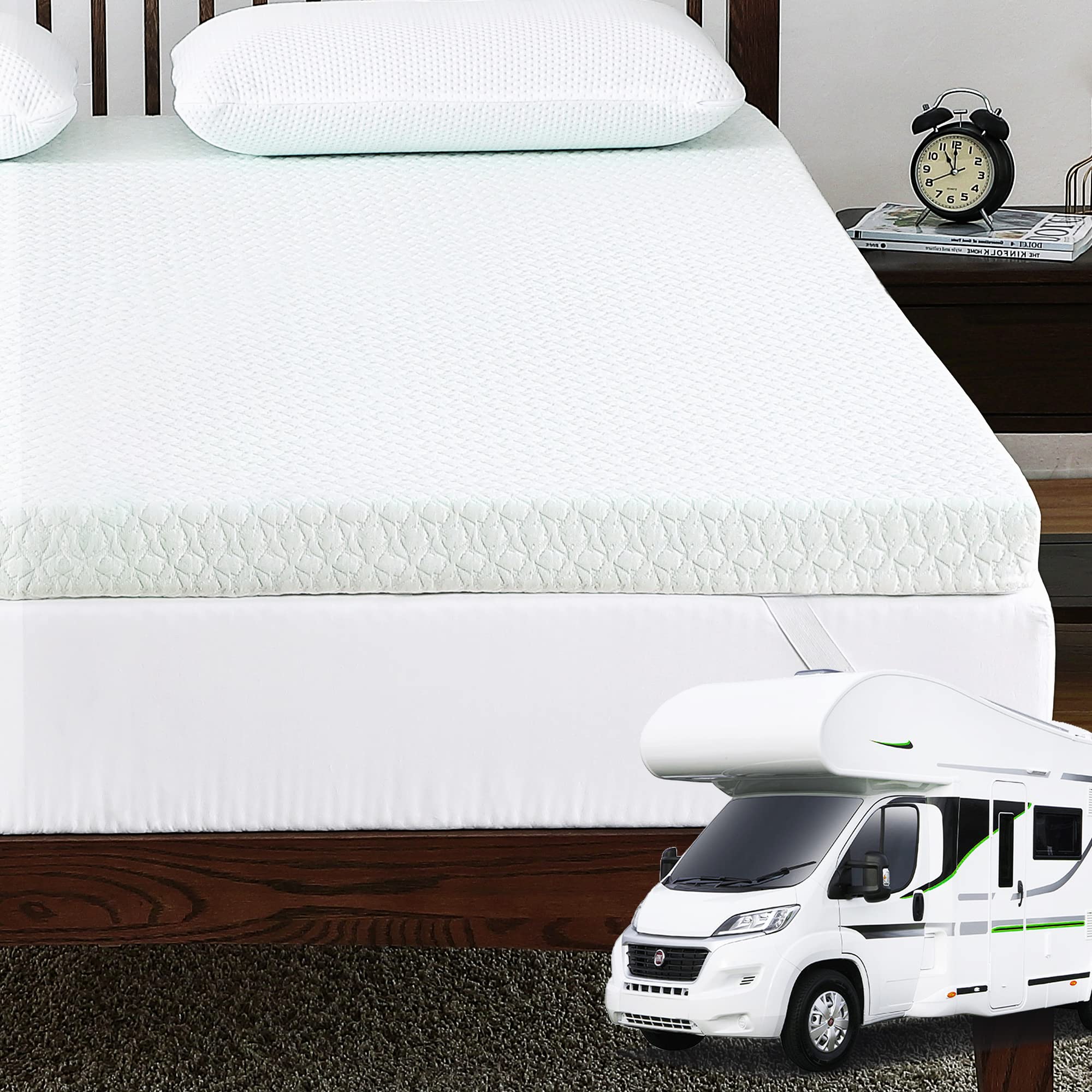 Homhougo 2 Inch Green Tea Memory Foam Mattress Topper with Zippered Bamboo Cover - Cooling & Pressure Relief for Short Queen (RV Queen) Size - Cloud-Like Soft Comfort for RVs, Campers, and Small Bedrooms