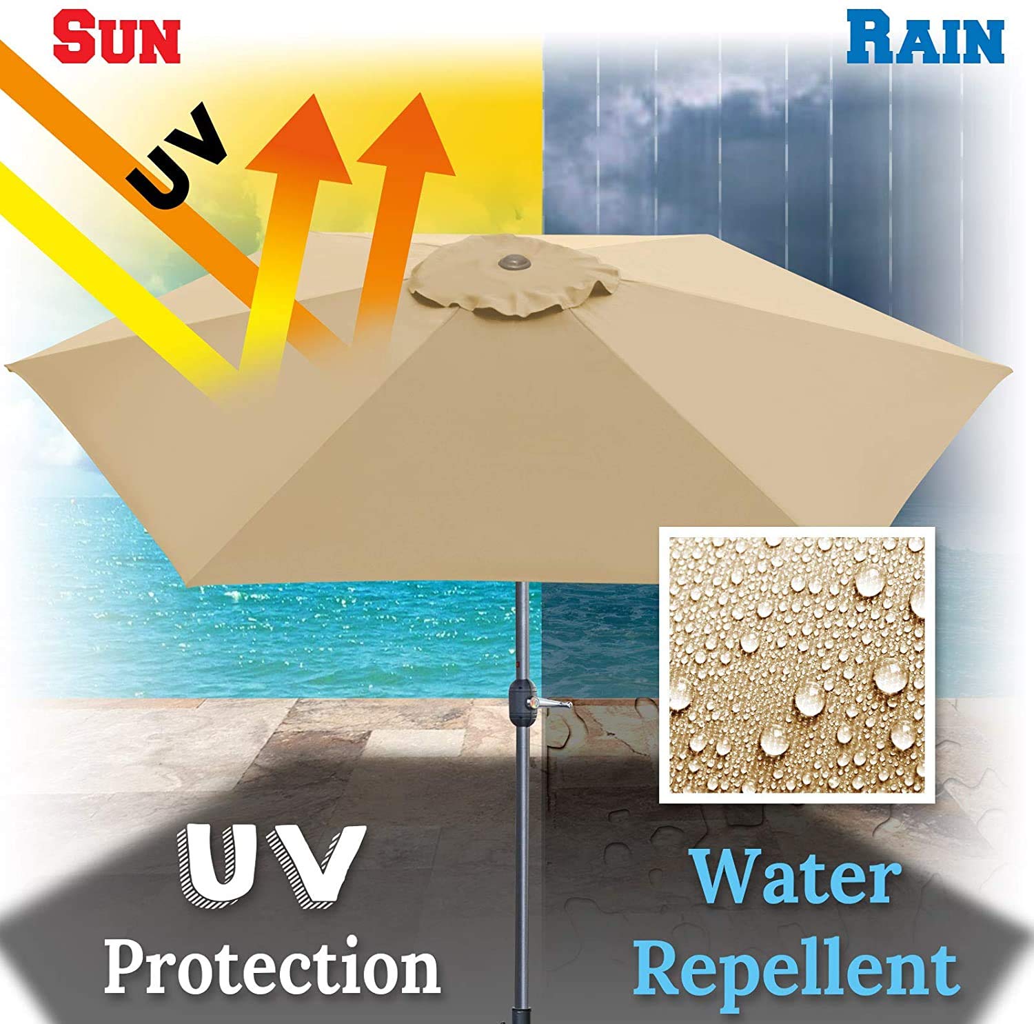 BenefitUSA 9ft 8-Rib Patio Umbrella Replacement Canopy - Beige Waterproof Outdoor Umbrella Cover for Garden, Poolside & Backyard