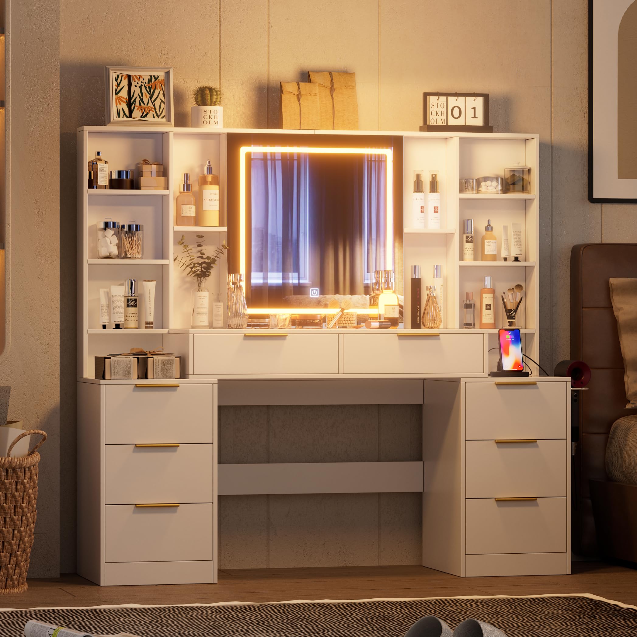 Large Makeup Vanity Desk with LED Lighted Mirror & Power Outlet, Brightness Adjustable Dresser Table with 3 Lighting Modes, 5 Drawers & Shelves, Hair Dryer Stand for Bedroom, White (No Stool) - Perfect for Home Salon, Bridal Dressing & Beauty Routine