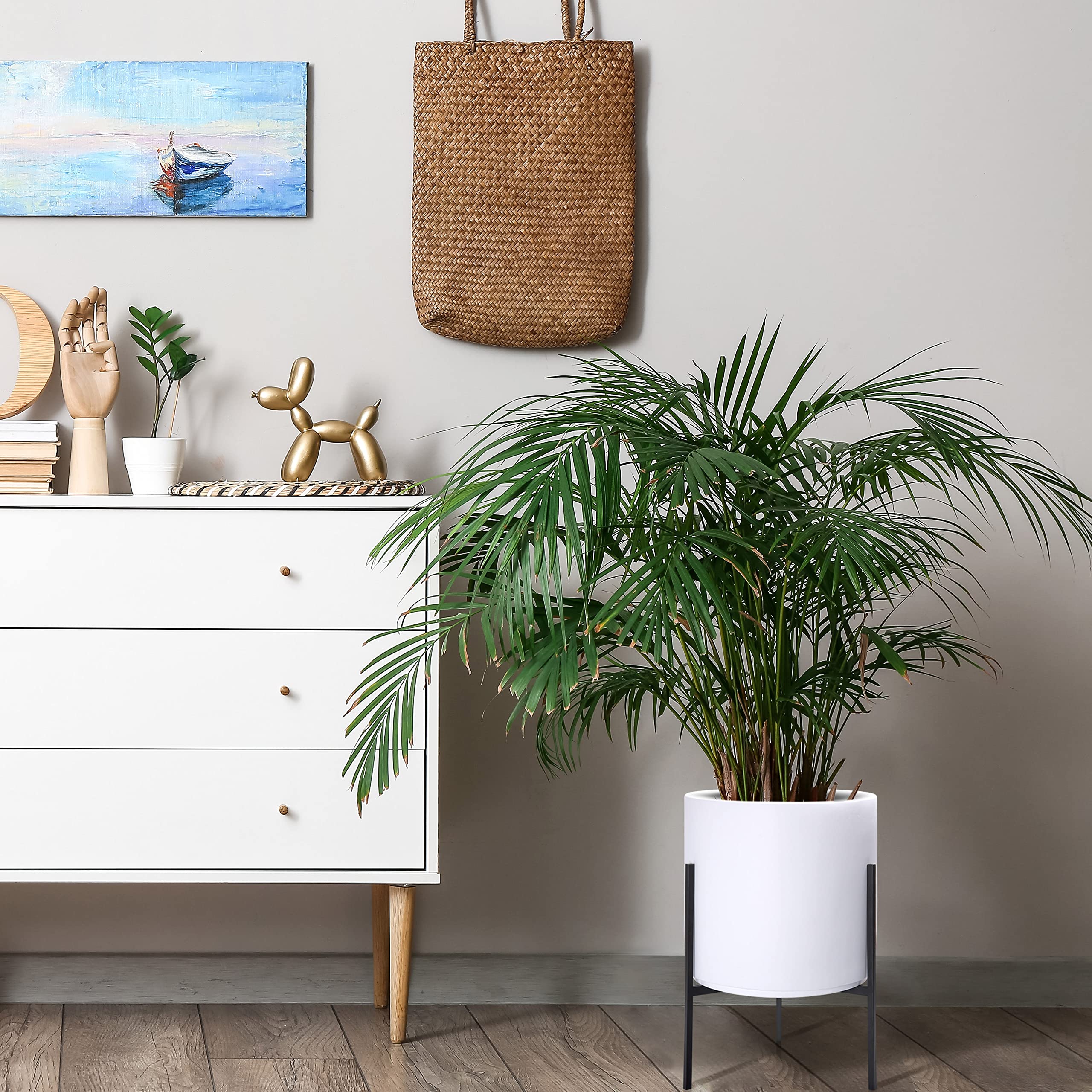 D'vine Dev Modern White Cylinder Planter with Heavy Duty Stand - 12 Inch Large Flower Pot, 18.9 Inch Height - Perfect for Indoor Plants, Home Decor, Living Room & Office Decorations