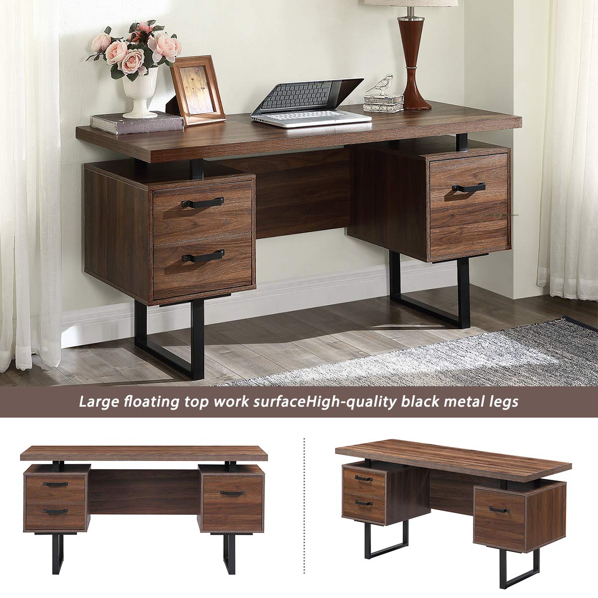 Modern Home Office Desk with Drawers - Ergonomic Writing Study Table for Small Spaces, Work from Home & Remote Learning - Stylish Wooden Computer Desk for Bedroom, Apartment or Dorm Room