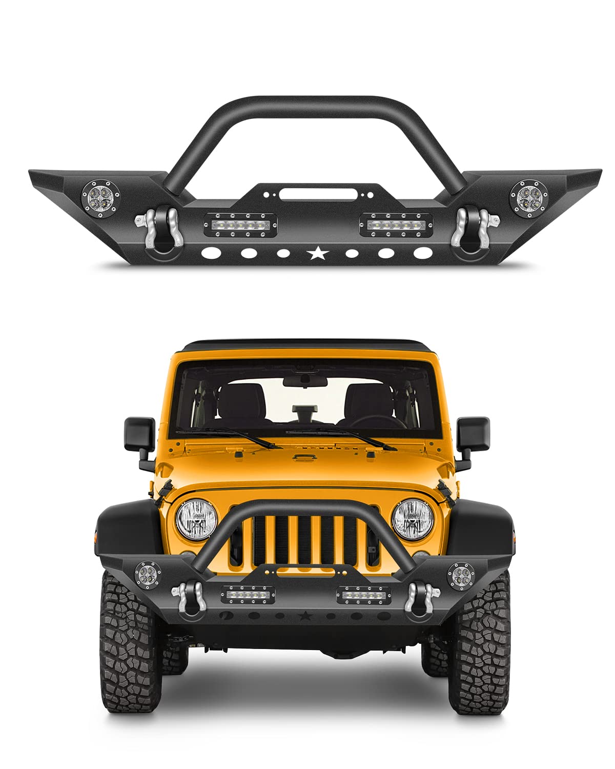 OCPTY Black Textured Front Bumper with D-Ring & LED Lights | Winch Plate Compatible with 2007-2018 Jeep Wrangler JK | Off-Road Adventure & Truck Accessories Upgrade