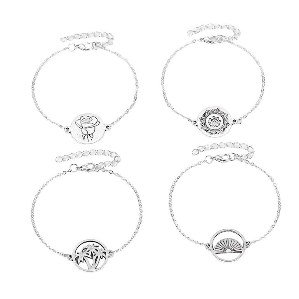 4pcs Bohemian Silver Wave Ankle Bracelets for Women - Adjustable Rope Anklets, Beach Jewelry, Perfect for Summer, Vacation & Boho Style Outfits (Silver, One Size)
