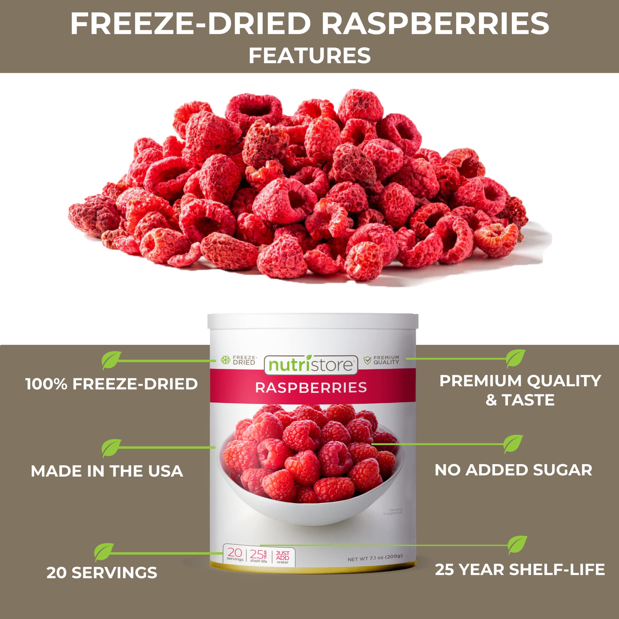 Nutristore Freeze Dried Raspberries 4-Pack | 100% Natural Healthy Fruit Snacks | Premium Crispy Raspberries for Baking, Smoothies & Emergency Food | 25 Year Shelf Life | #10 Can 20 Servings | Perfect for Camping, Hiking & Survival Kits
