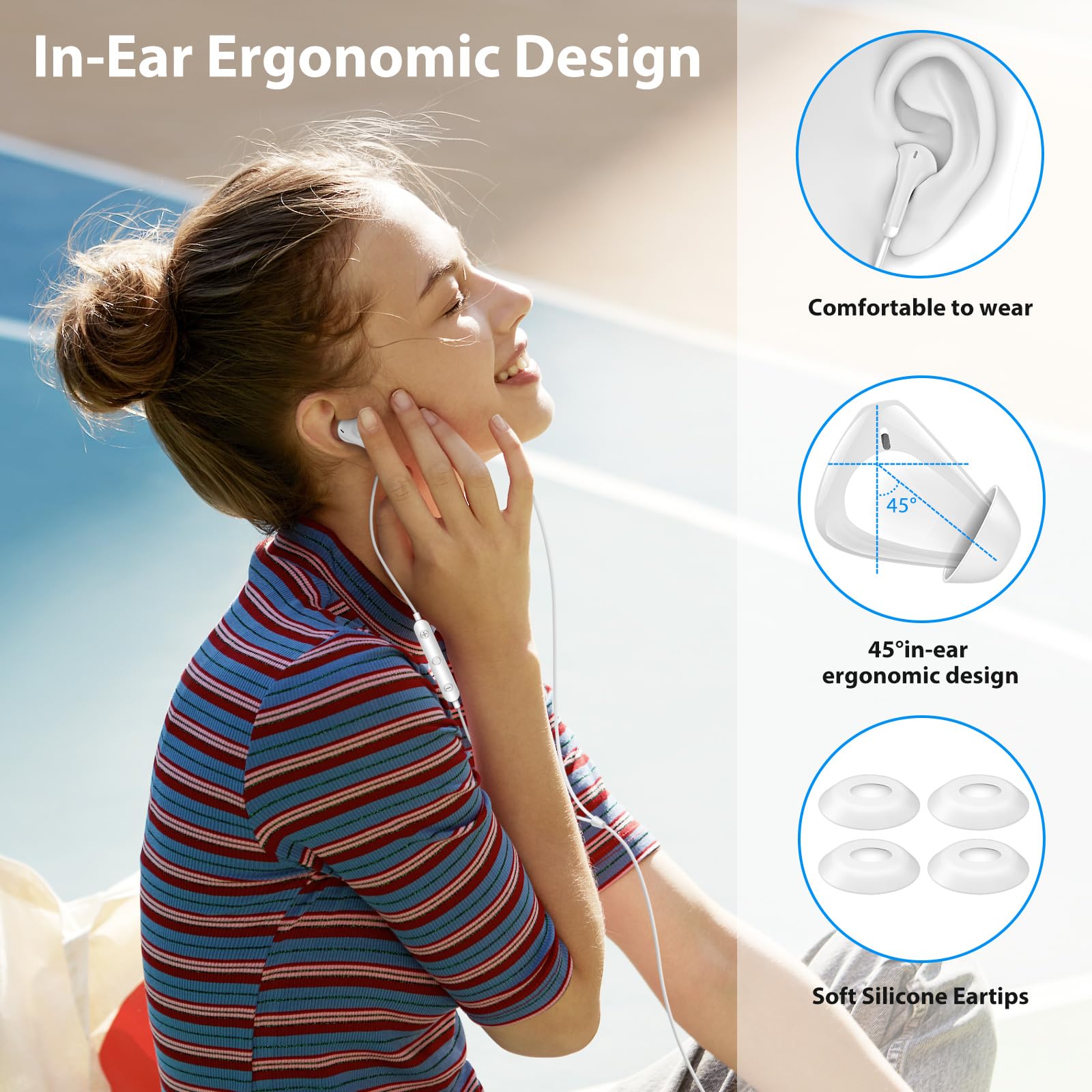 COOYA USB C Wired Earbuds with Microphone & Volume Control - HiFi Stereo In-Ear Headphones for iPhone 16 Pro Max/15, iPad 10/Air, Samsung S25 Ultra/S24/A16, Pixel 9 (White) - Perfect for Gaming, Music & Calls