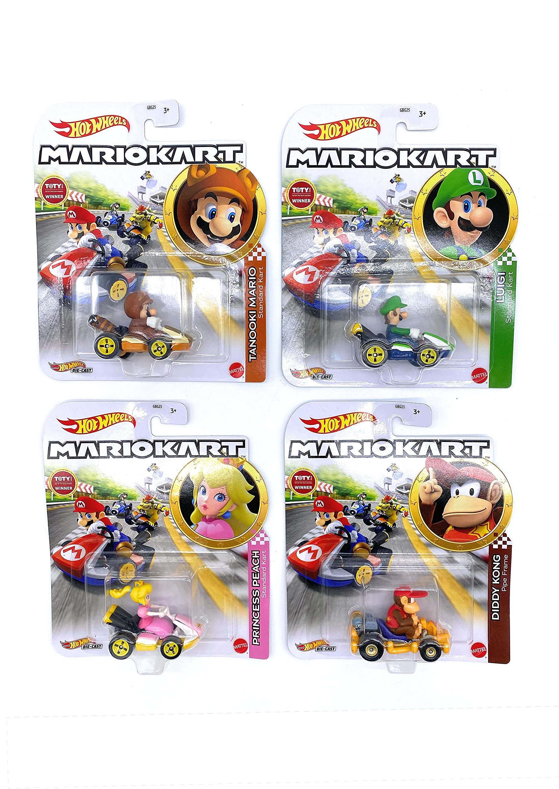 Hot Wheels Mario Kart Die-Cast 4-Pack - Tanooki Mario, Princess Peach, Luigi & Diddy Kong 1:64 Scale with 2 Bonus Outlet Mall Stickers | Collectible Toy Cars for Kids & Adults | Perfect for Display, Play & Gift Giving