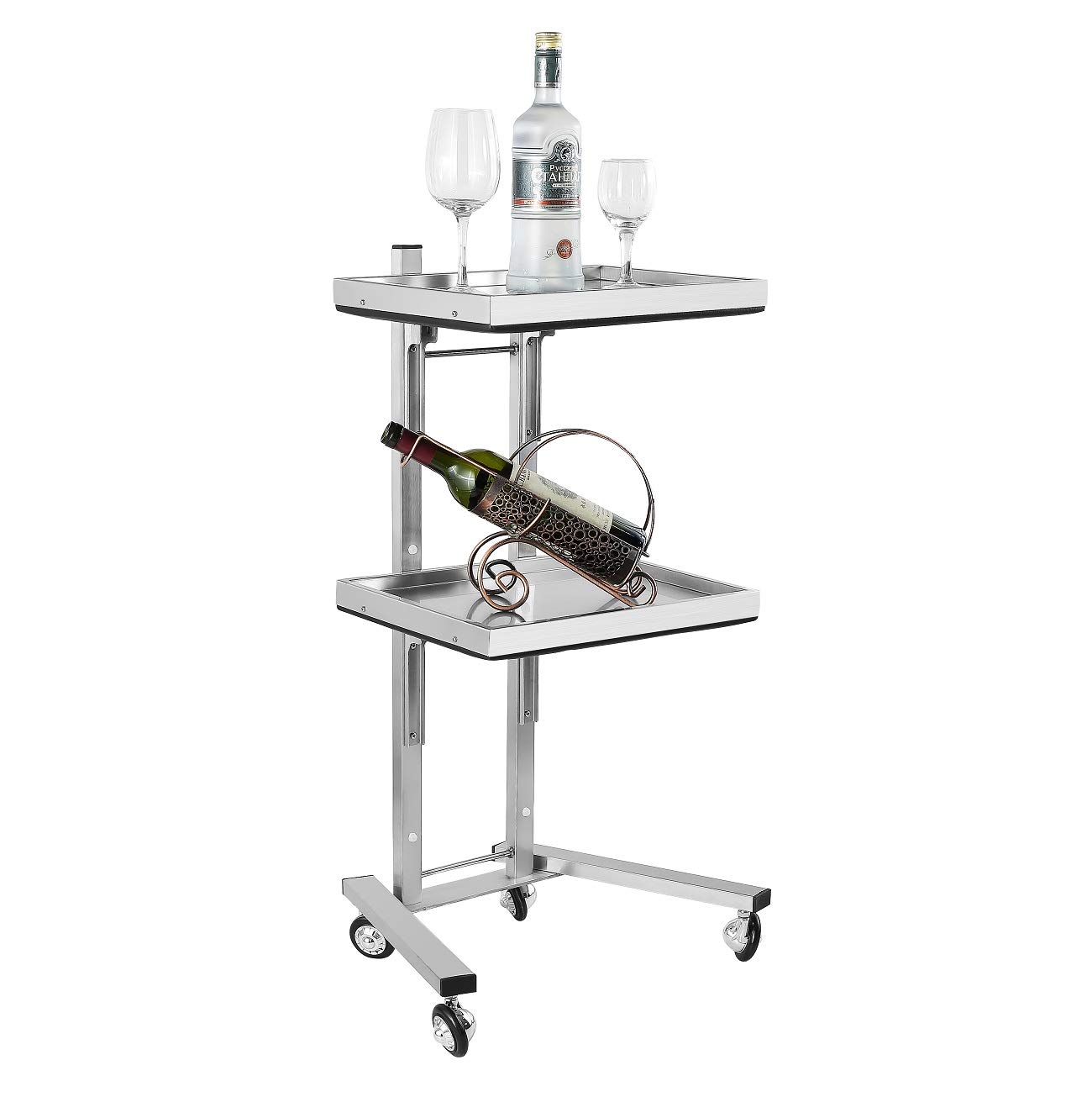 Kaleurrier Rolling Tool Cart with Double Storage Tray - Stainless Steel Utility Trolley with Wheels for Salon, Tattoo, Spa, Clinic & Home Use | Portable Beauty & Medical Instrument Stand (Silver) | Perfect for Organizing Tools in Professional Studios or Home Workspaces