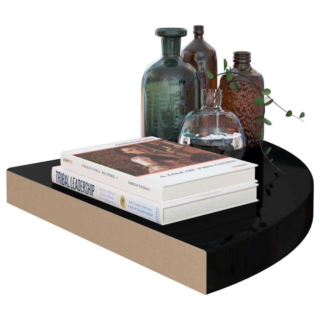 Modern Floating Corner Shelf - High Gloss Black MDF Wall Mounted Storage (13.8