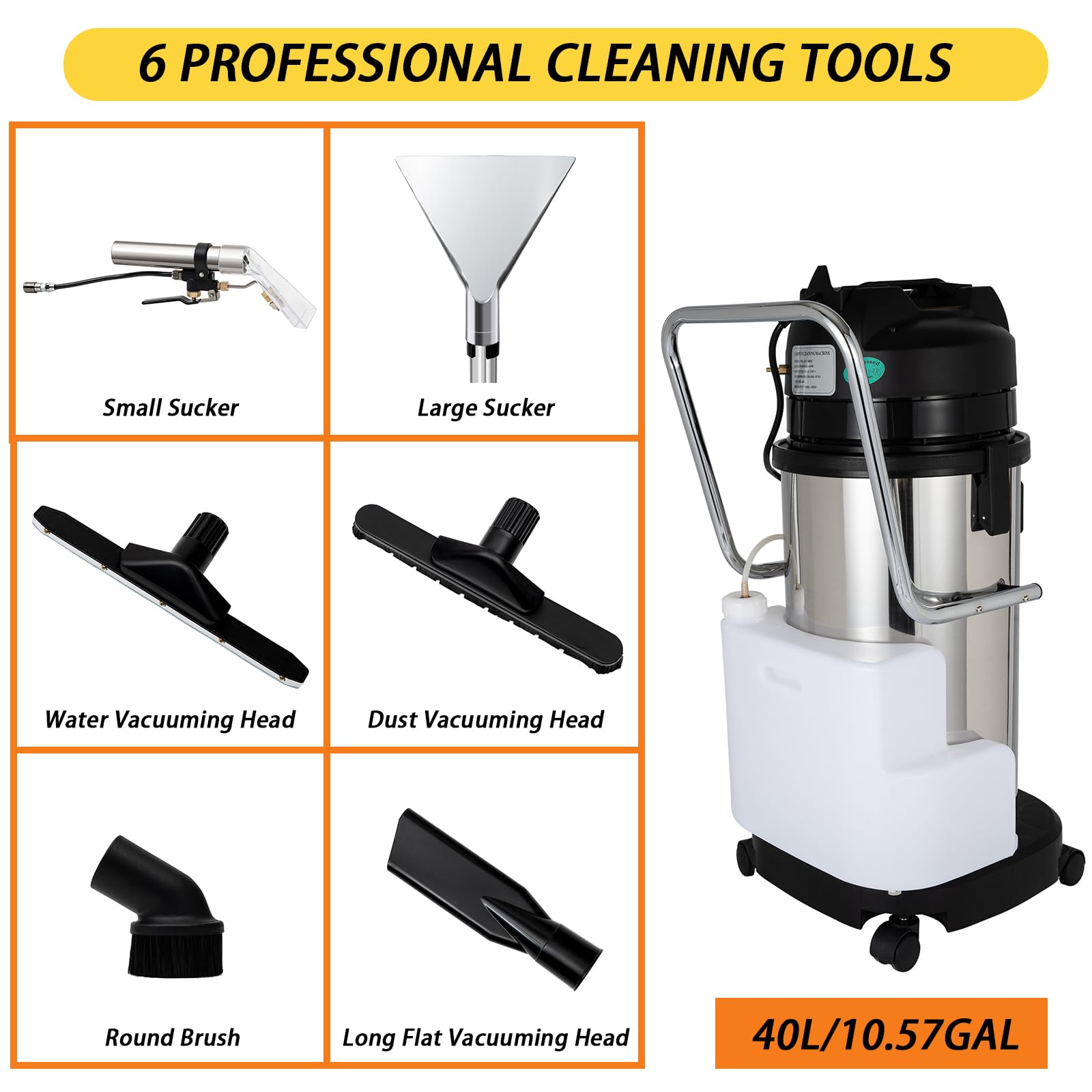TBVECHI 1000W 3-in-1 Commercial Carpet Cleaner Machine - 40L/11Gal Professional Carpet Extractor with Sprayer, Floor Brush & Vacuum for Deep Cleaning - Ideal for Hotels, Offices & Home Use (2-Package Shipping)