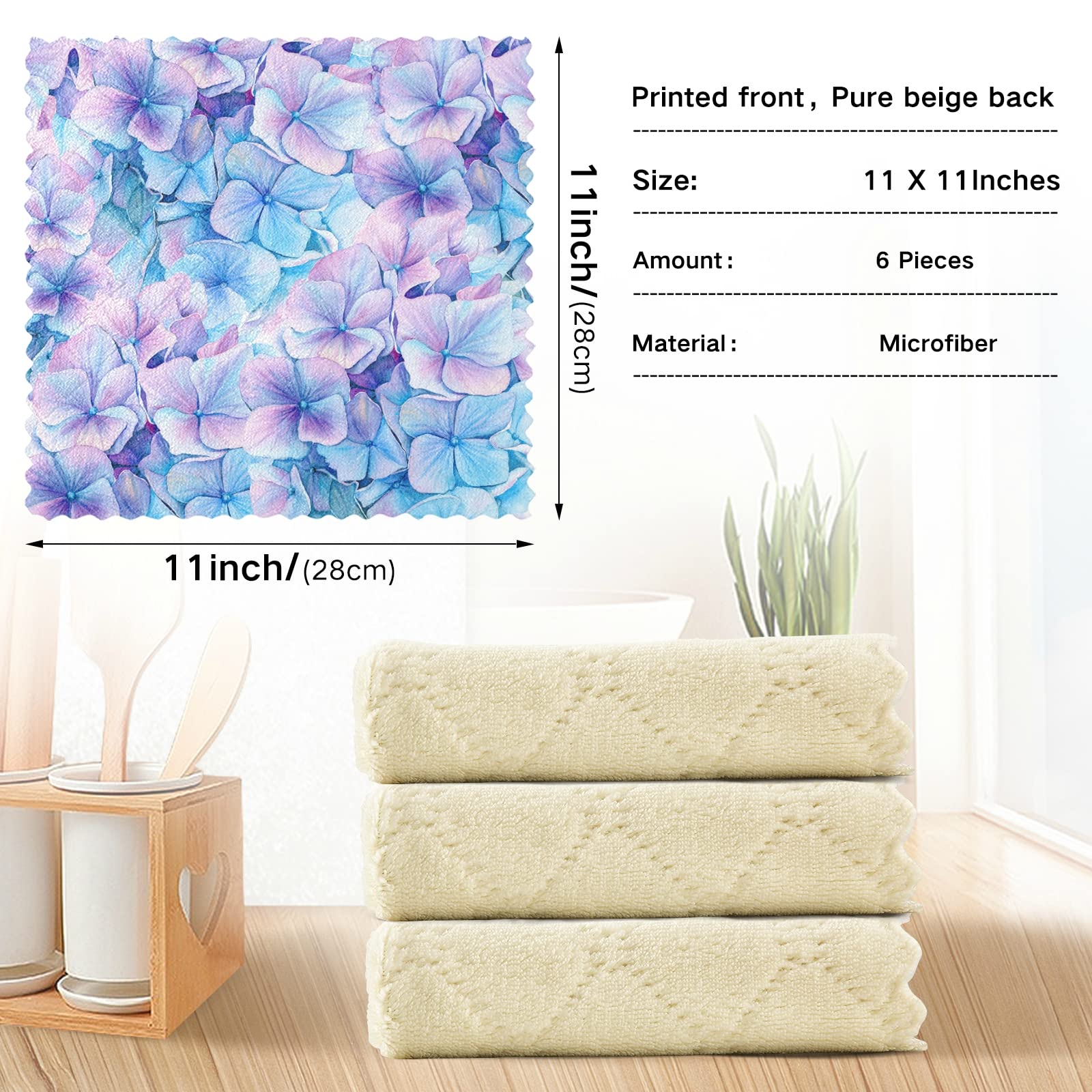 ALAZA Super Absorbent Dish Towels Set of 6 - 11x11 Inch Lint-Free Kitchen Cleaning Cloths with Blue Violet Floral Design, Soft Bar Tea Towels for Dishes, Countertops & Drying Hands - Perfect for Kitchen, Dining & Hosting