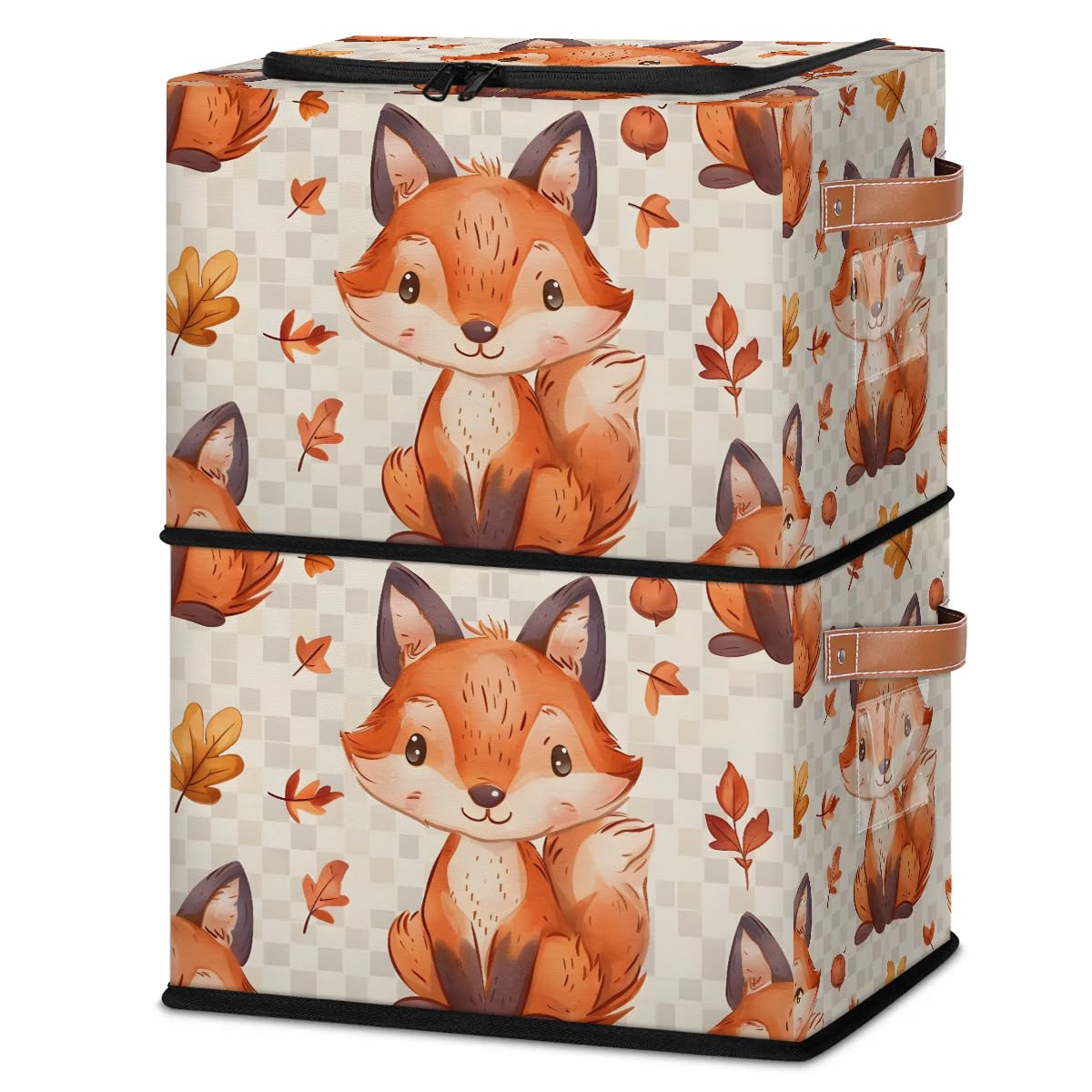 Fox Maple 2-Pack Stackable Storage Bins with Zipper Lid & Metal Frame | PU Handled Closet Organizer Cubes for Clothes, Toys & Home Organization | Perfect for Bedroom, Nursery & Laundry Room Storage