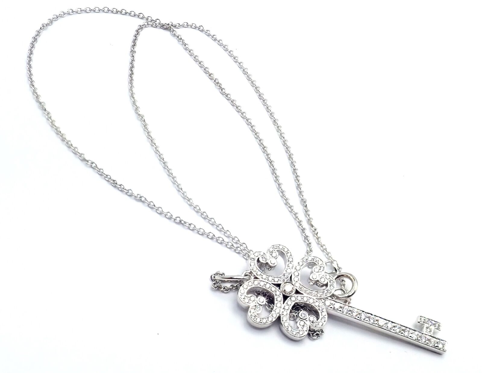 Tiffany & Co Platinum & 18k White Gold Enchant Quatra Heart Key Pendant Necklace - Elegant Jewelry Gift for Women, Perfect for Anniversaries & Special Occasions