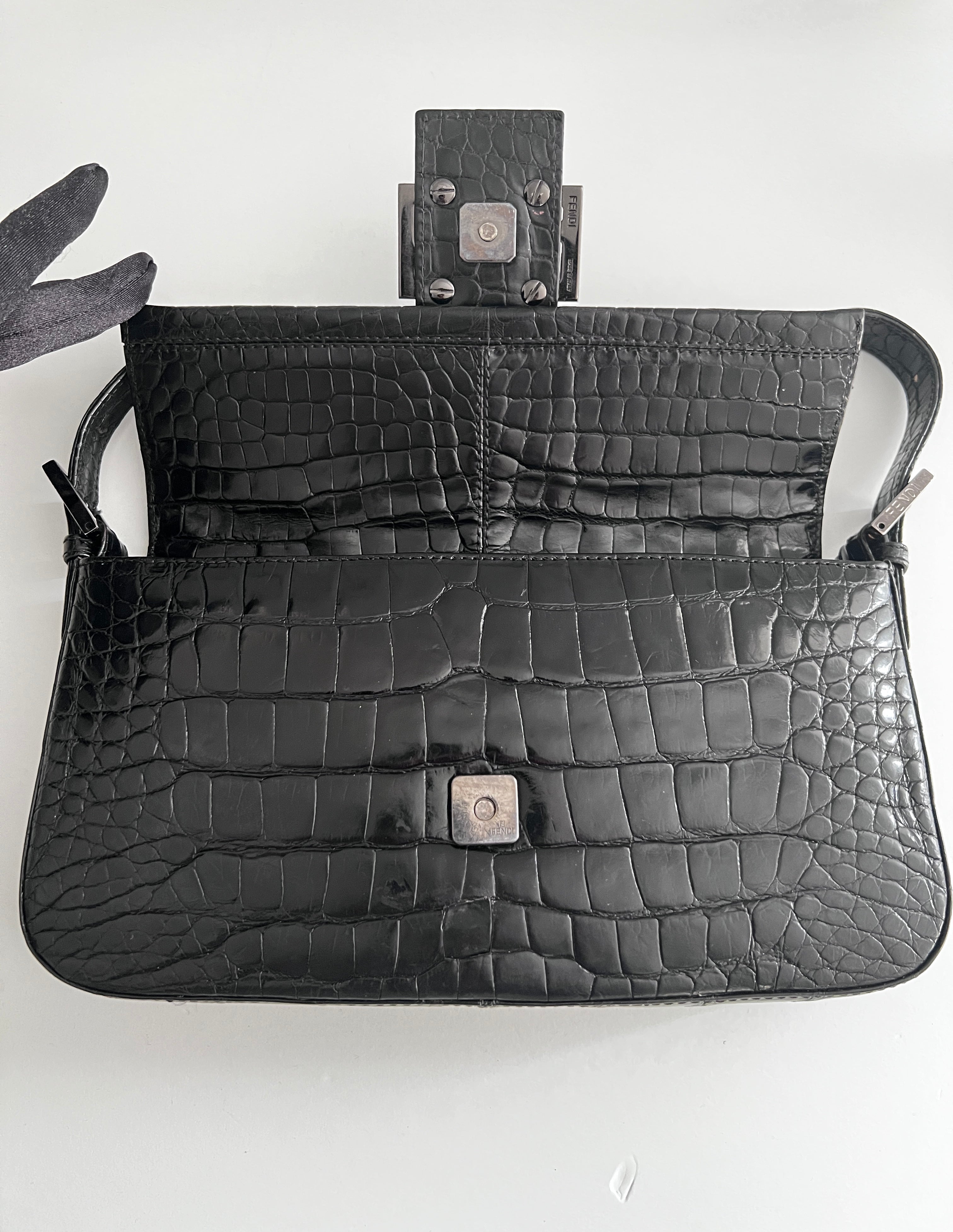 Vintage Fendi Black Crocodile Leather Baguette Handbag - Luxury Designer Shoulder Bag for Women, Perfect for Evening Parties & Special Occasions