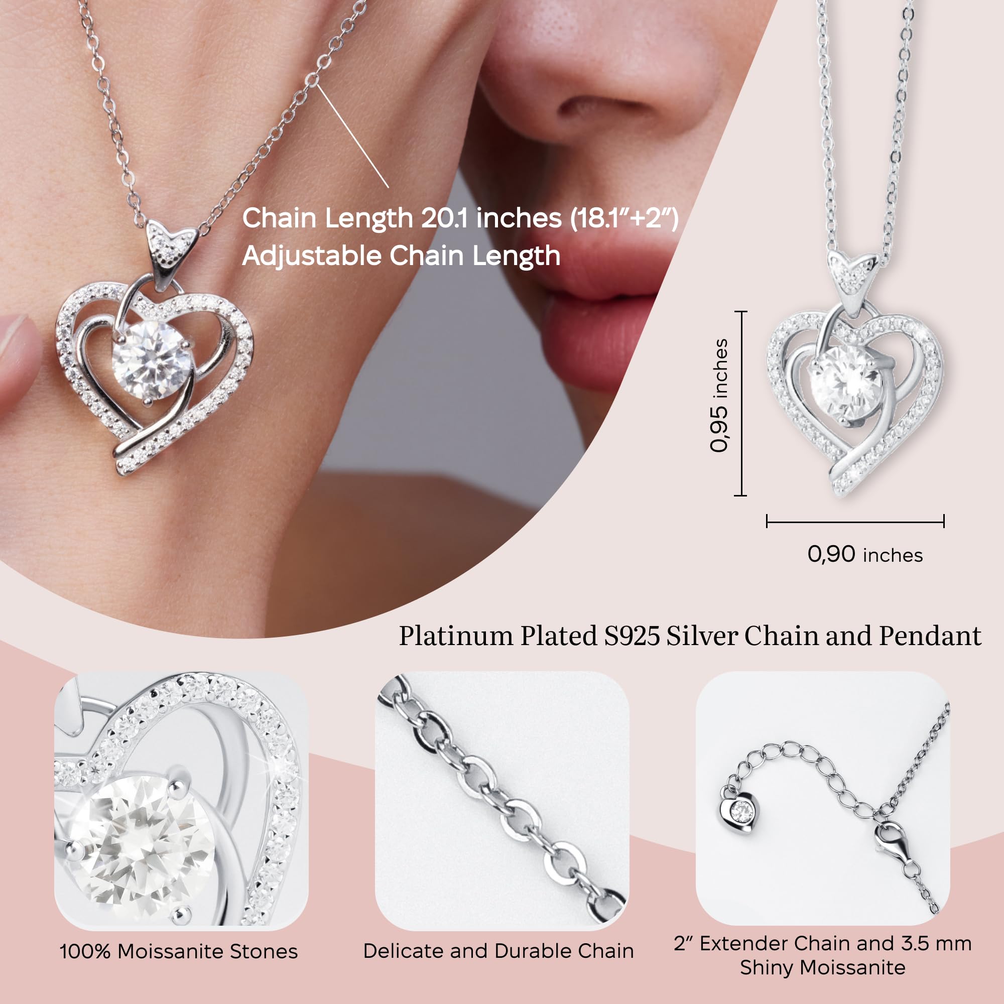 1-3 Carat Moissanite Heart Pendant Necklace for Women - Sterling Silver Heart Talisman Jewelry | Anniversary, Birthday Gift for Wife, Girlfriend, Mom | Perfect for Valentine's Day, Weddings & Special Occasions
