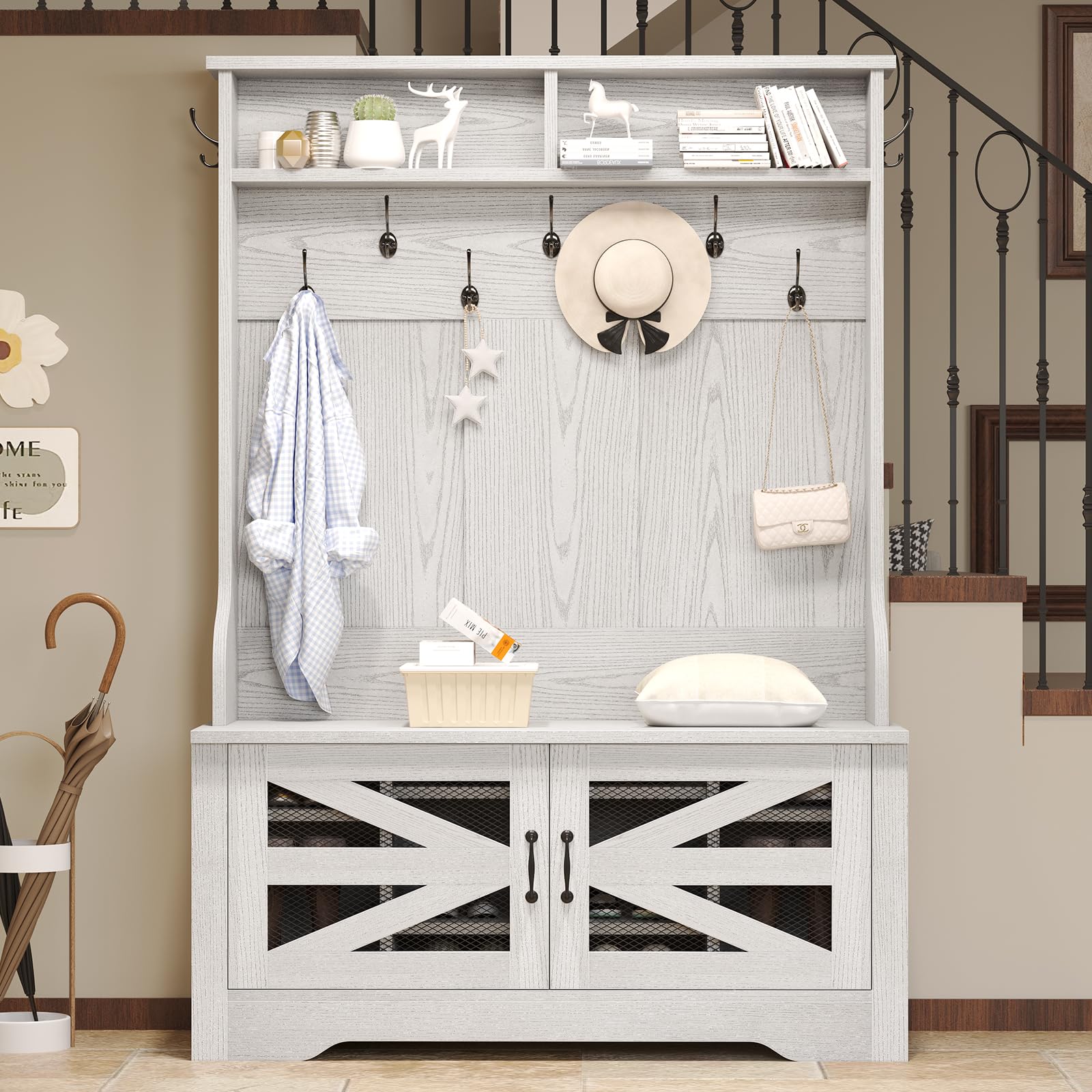 Itaar 5-in-1 Hall Tree Entryway Bench with Shoe Storage, Coat Rack & Adjustable Shelf - 10 Shoe Cubbies, 9 Coat Hooks & Barn Door Design (Embossed White) - Perfect for Mudroom, Foyer & Small Space Organization
