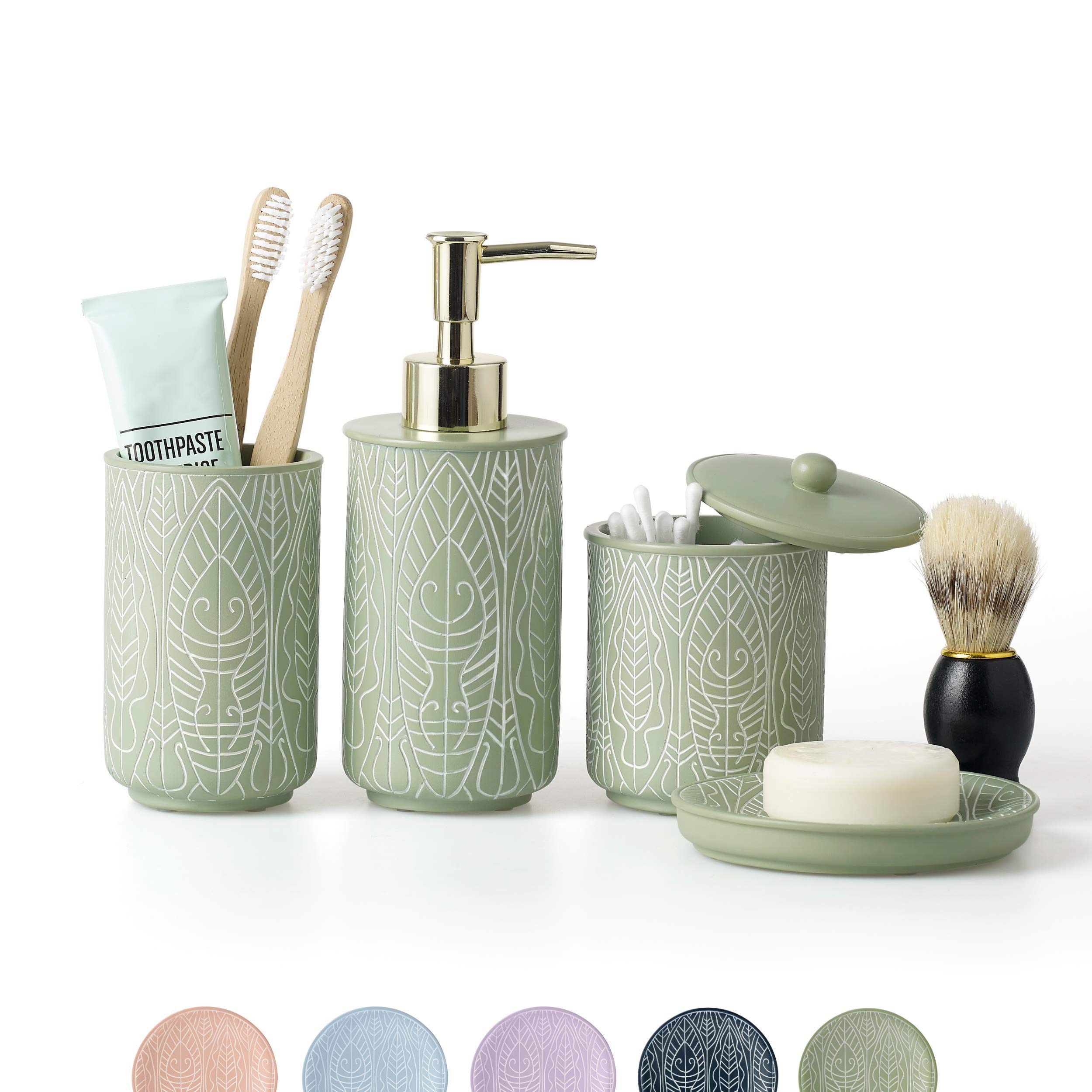 Premium Pastel Green Bathroom Accessories Set - 6 Piece Boho Style Decor with Toothbrush Holder & Soap Dispenser | Spa-Inspired Bathroom Essentials for New Apartments & Home Makeover | Perfect for Guest Bathrooms & Vanity Organization