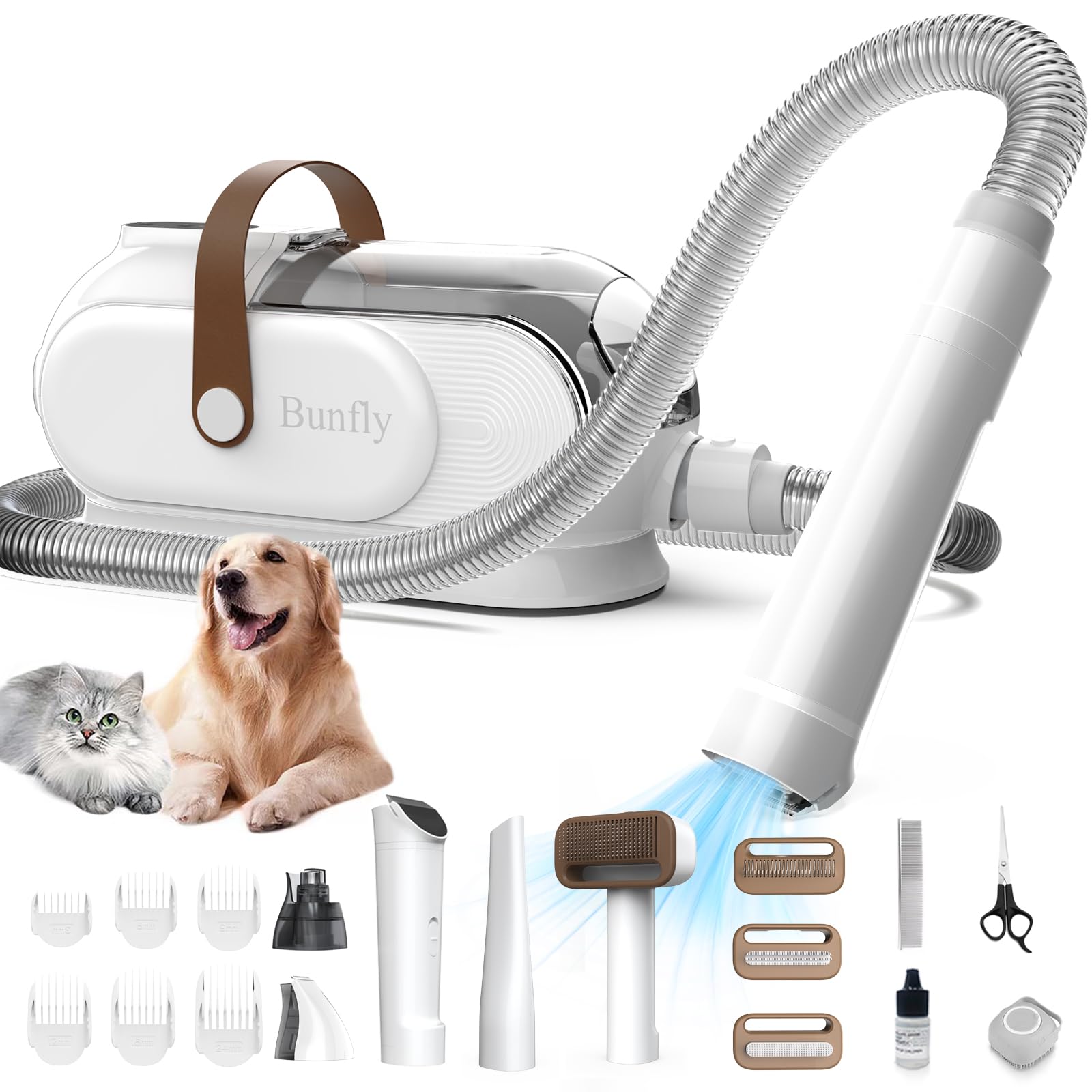 Bunfly Professional Dog Grooming Kit with 3.5L Vacuum - 13000kpa Strong Suction, 99% Pet Hair Removal, 17 Grooming Tools for Shedding Dogs - White | Perfect for Home Pet Grooming & Cleaning Sessions