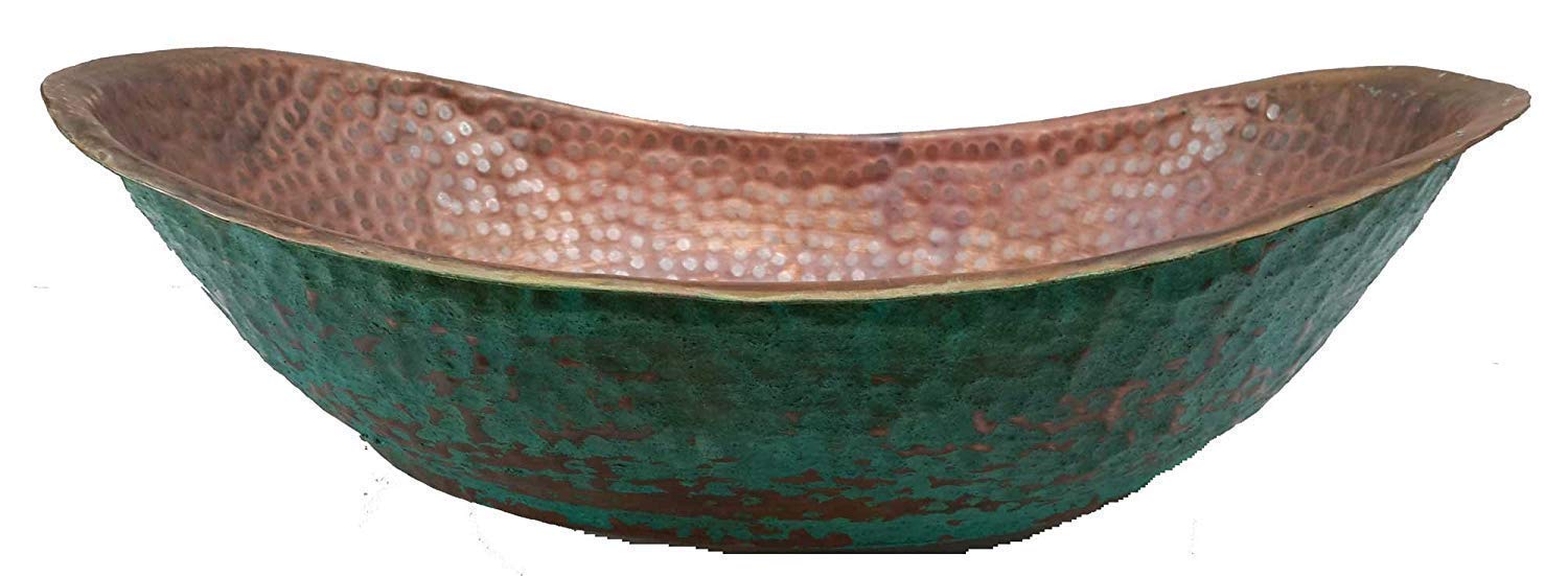 Rustic Copper Vessel Sink - Green Patina Bathroom Vanity Bowl, Canoe Boat Shape Above Counter Wash Basin for Farmhouse & Coastal Style Bathroom Upgrades