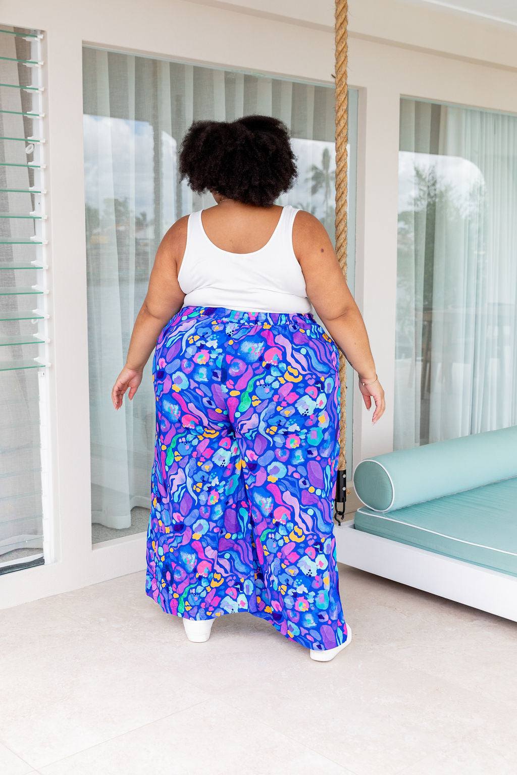 Kasey Rainbow Larsa Pants - Women's High Waisted Flowy Beach Pants in Reef Blue | Perfect for Summer Vacations, Beach Outings & Boho Fashion