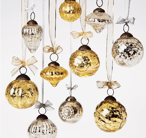 3 Pack Small Mercury Glass Ornaments - 2.5 Inch Gold Christmas Tree Decorations with Lucy Design for Holiday, Party & Home Decor