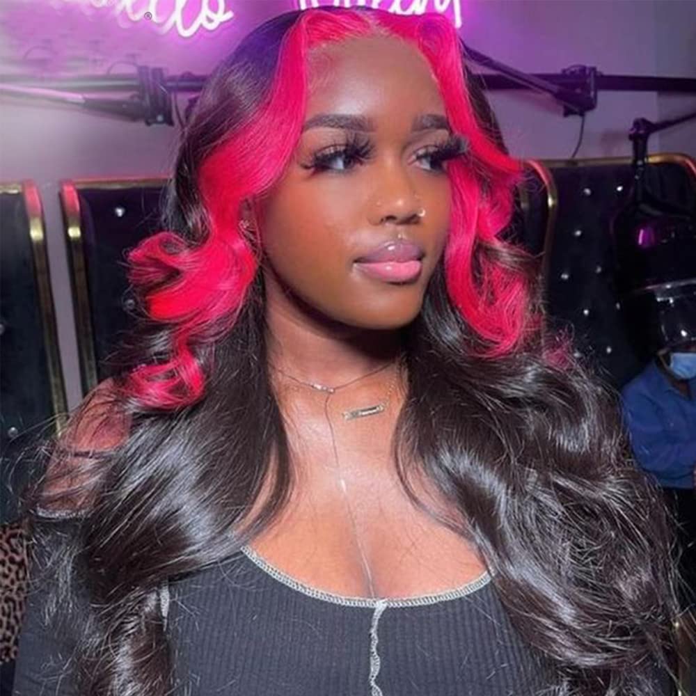 13x4 HD Lace Front Wig - Pink & Red Skunk Stripe Human Hair Wigs for Black Women | Brazilian Virgin Hair with Pre-Plucked Baby Hair | 26 Inch | Perfect for Cosplay, Parties & Fashion Looks