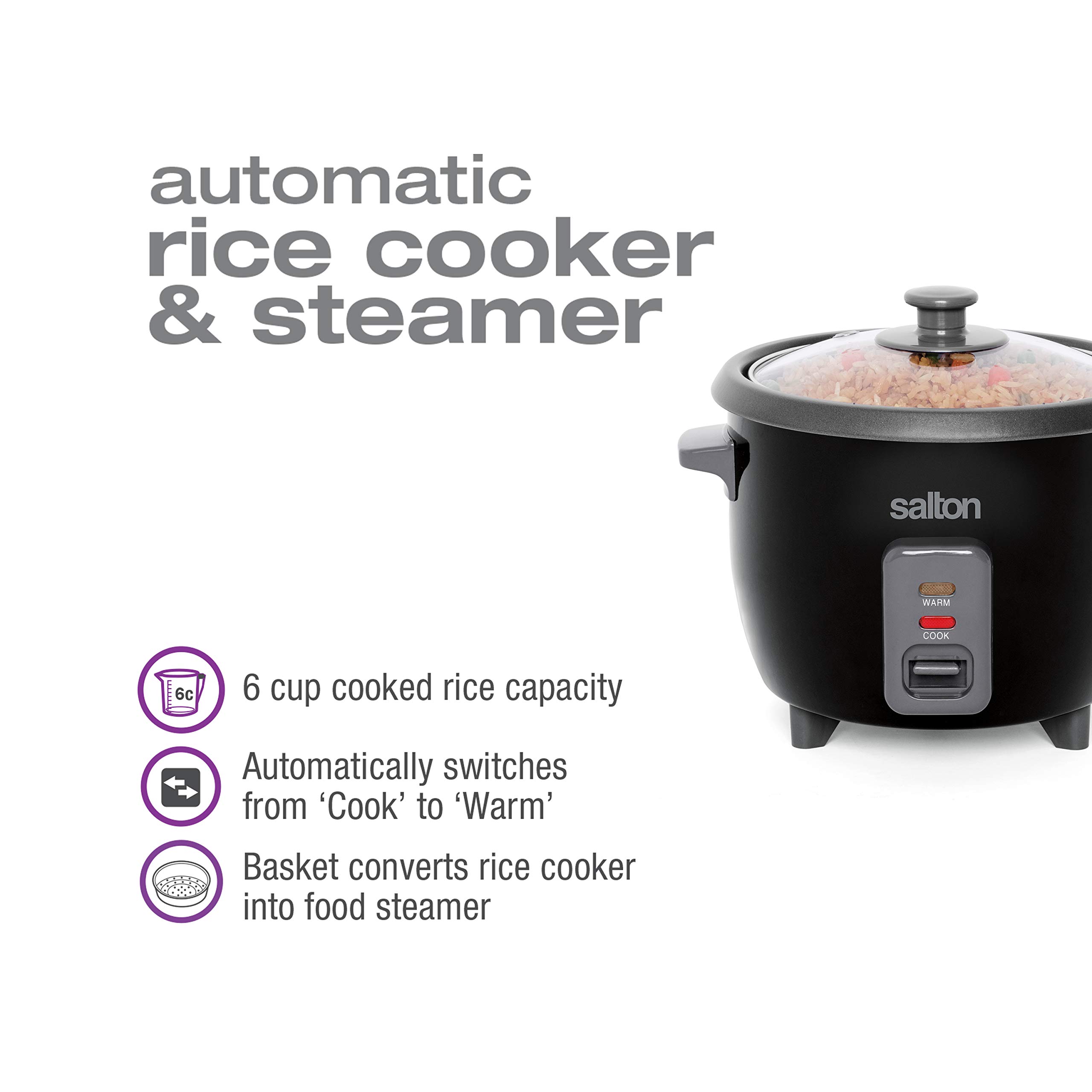Salton 6 Cup Automatic Rice Cooker - 6 Cups Cooked / 3 Cups Uncooked - Black Stainless Steel - Perfect for Small Kitchens, Dorms & Office Lunch Prep