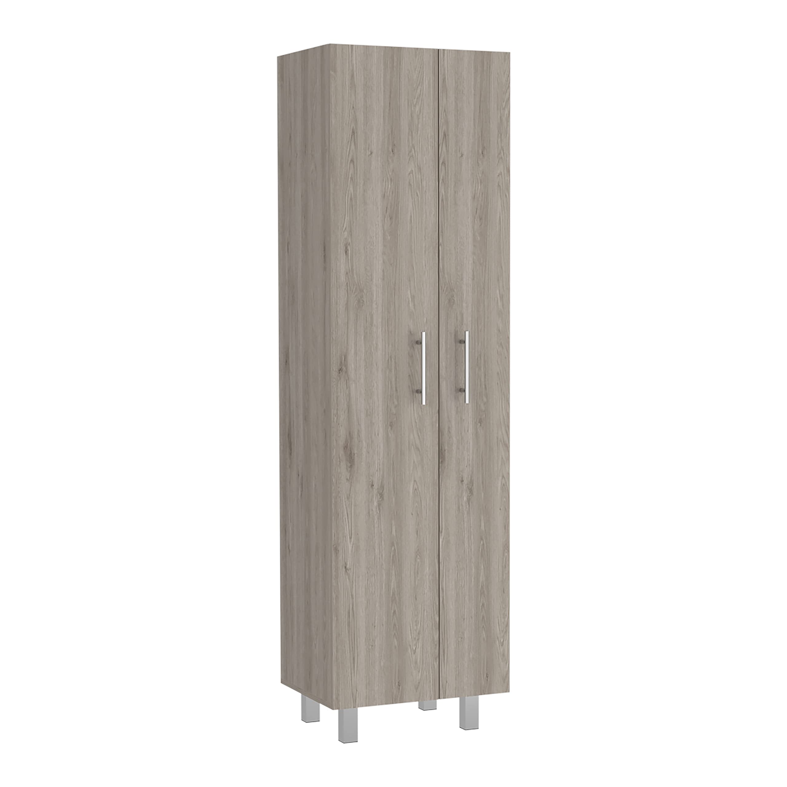 Bacoa 5-Shelf Cleaning Cabinet with Broom Hangers - 71.3 Inch Tall Storage Organizer in Light Gray/White for Bedroom, Bathroom & Laundry Room Organization