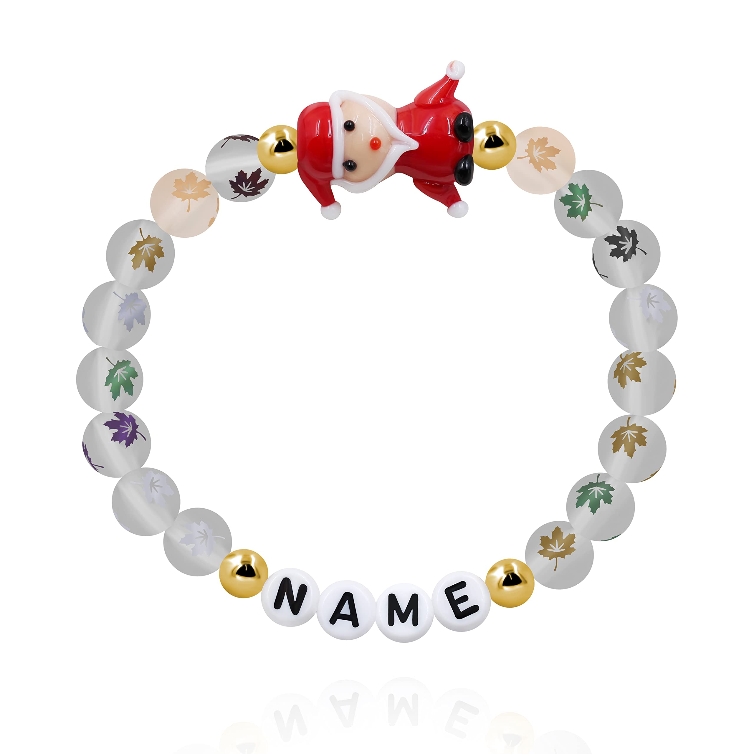 Personalized Name Custom Letter Bead Bracelet - Matte Maple & Lampwork Glass Beads - Christmas Gift for Her - Santa Claus Design - Perfect for Holiday Parties & Stocking Stuffers