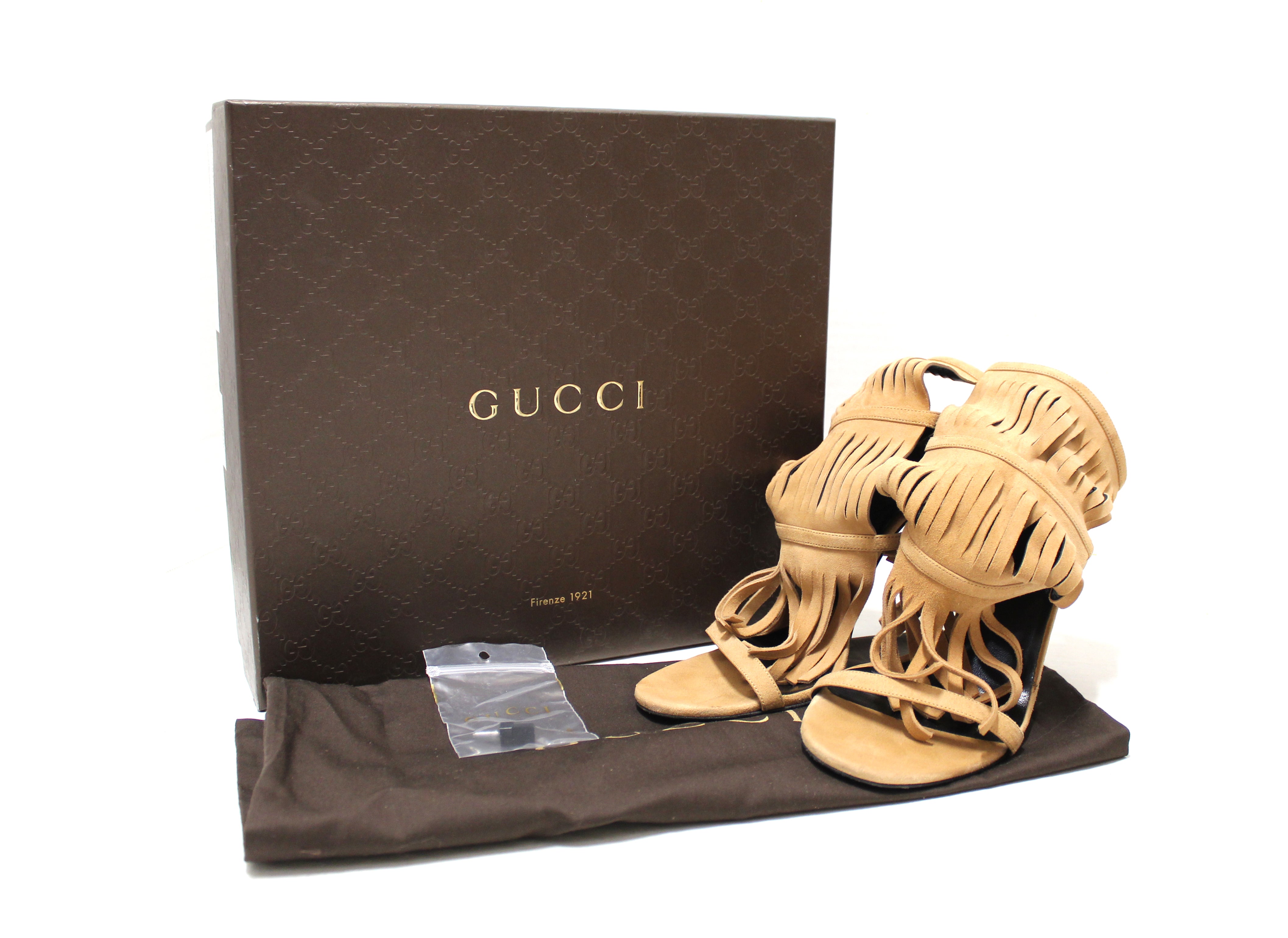 Authentic Gucci Beige Becky Suede Fringe High Heels with Camelia Detail - Women's Size 38 (US 8) - Perfect for Parties, Weddings & Evening Events