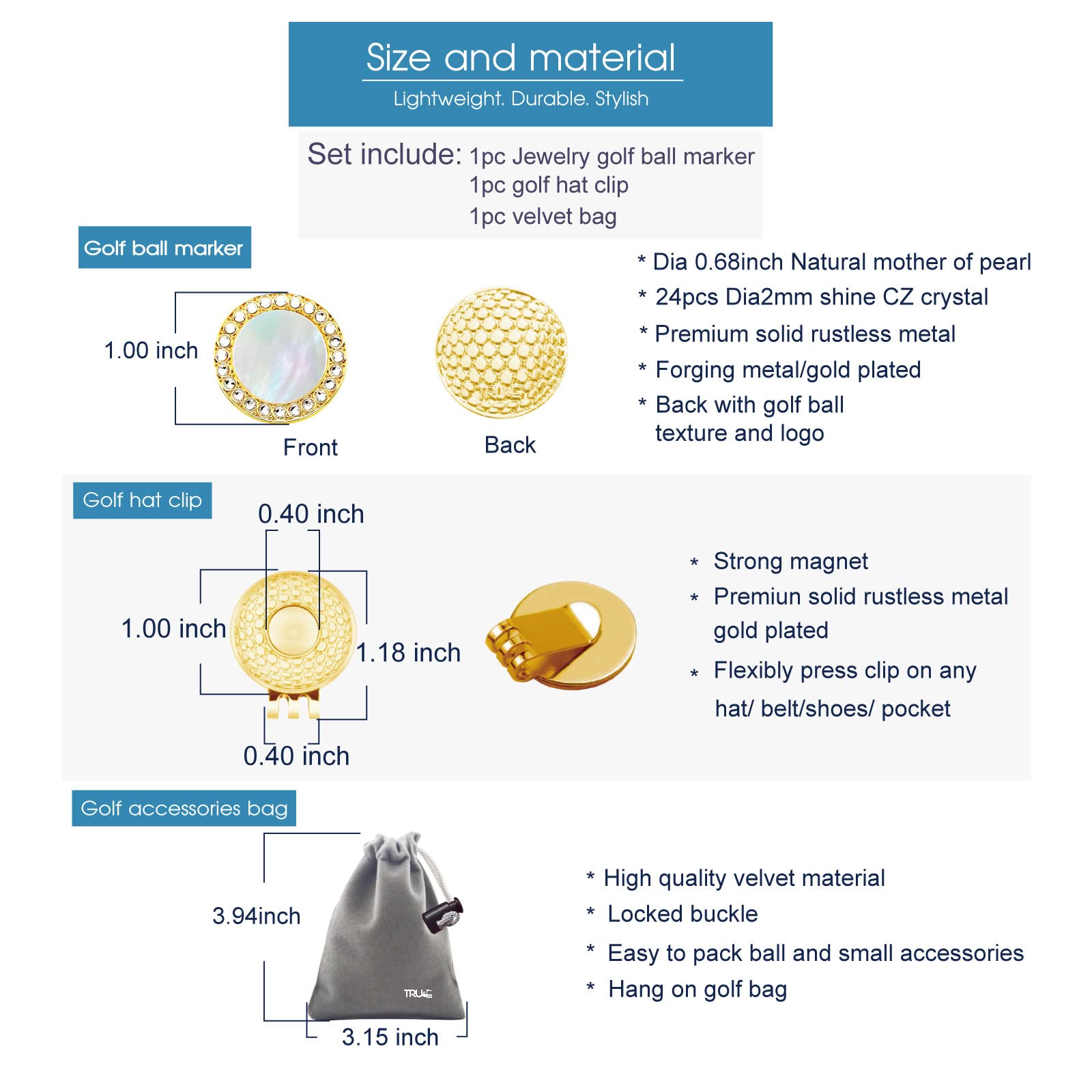 Premium Golf Ball Marker Hat Clip with Pearl Crystal - Stylish Golf Accessories & Gifts for Women - Perfect for Golf Tournaments, Practice & Fashion on the Course