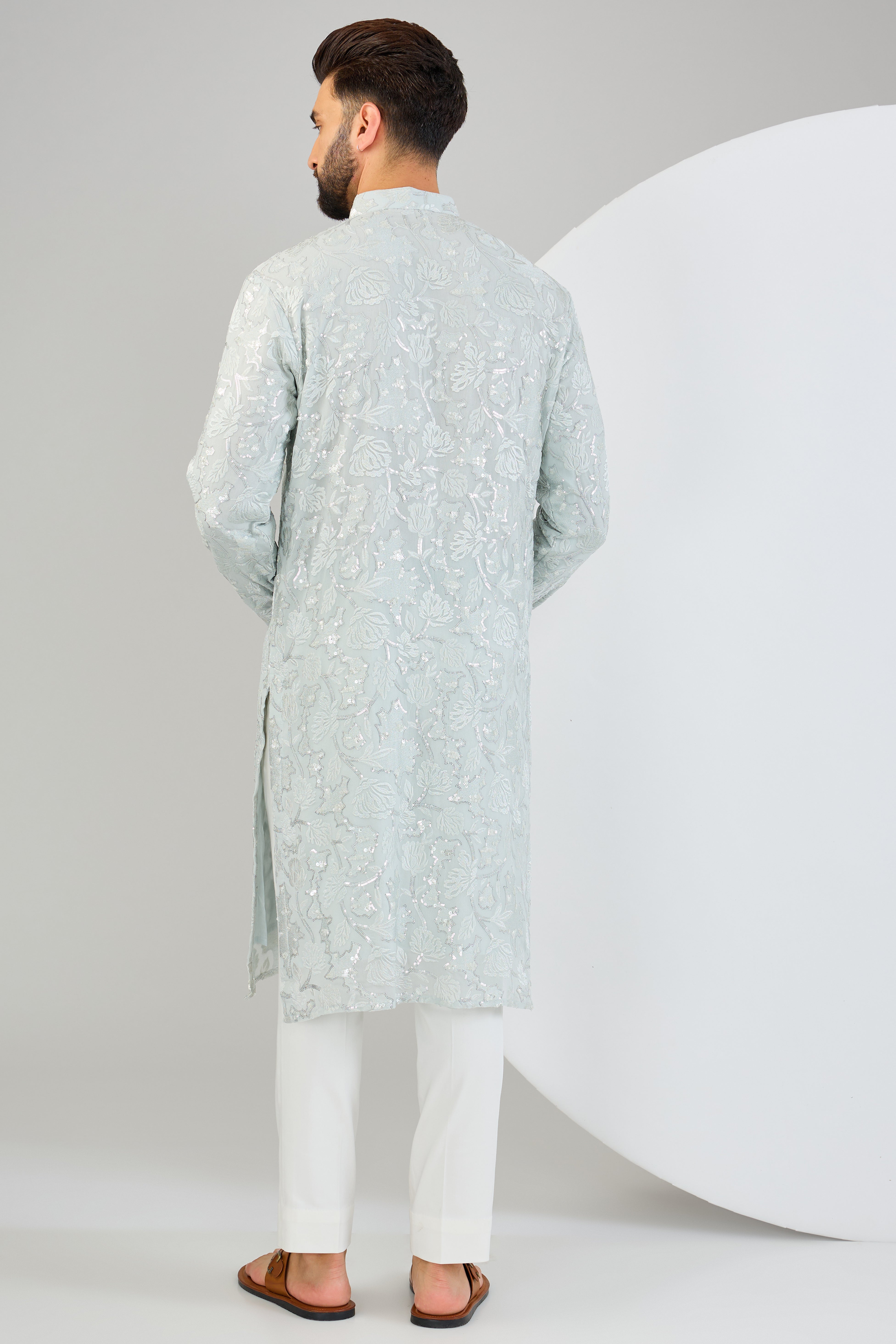 Elegant Powder Blue Chikankari Kurta with Intricate Floral Embroidery & Tone-on-Tone Sequin Work - Perfect for Festive Occasions, Weddings & Ethnic Fashion