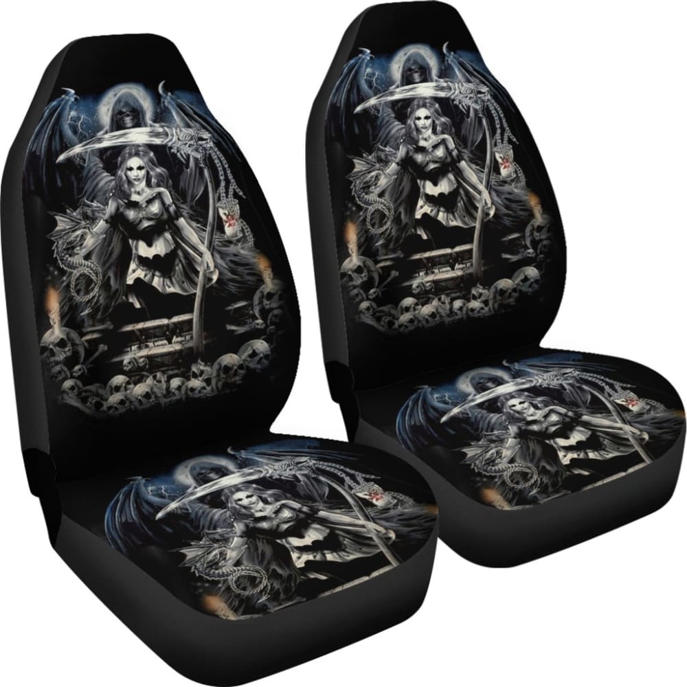 2 Pcs Gothic Skull Car Seat Covers - Universal Fit for Cars, Trucks & SUVs - Black PU Leather with Skull Design - Perfect for Halloween, Car Enthusiasts & Gothic Style Lovers