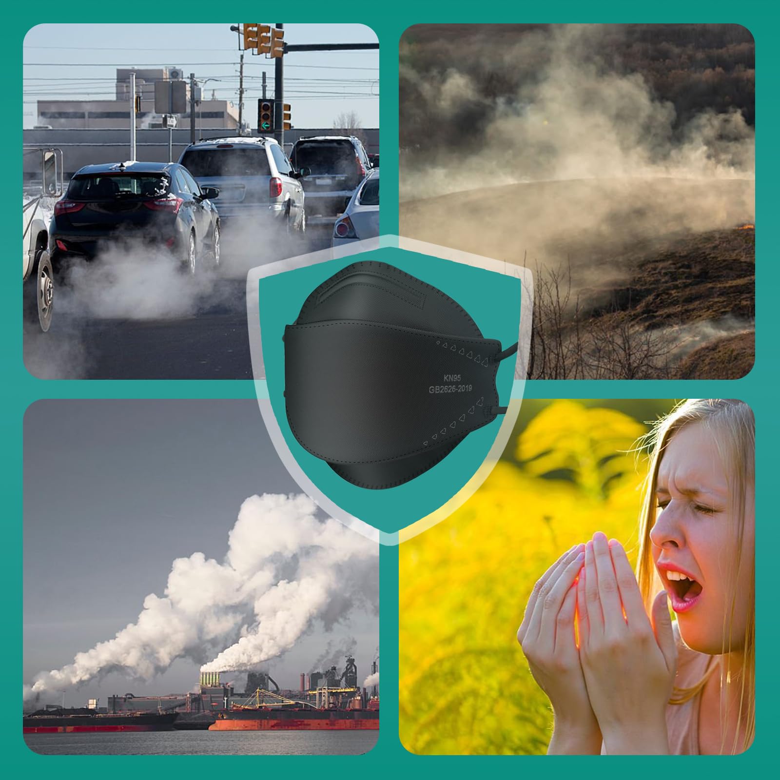 KN95 Face Masks for Adults - 50 Pcs Individually Wrapped, 5-Ply Black Disposable Face Mask with 95% Filtration Efficiency - Protection Against PM2.5, Smoke, Dust & Air Pollution - Ideal for Work, Travel & Daily Commute