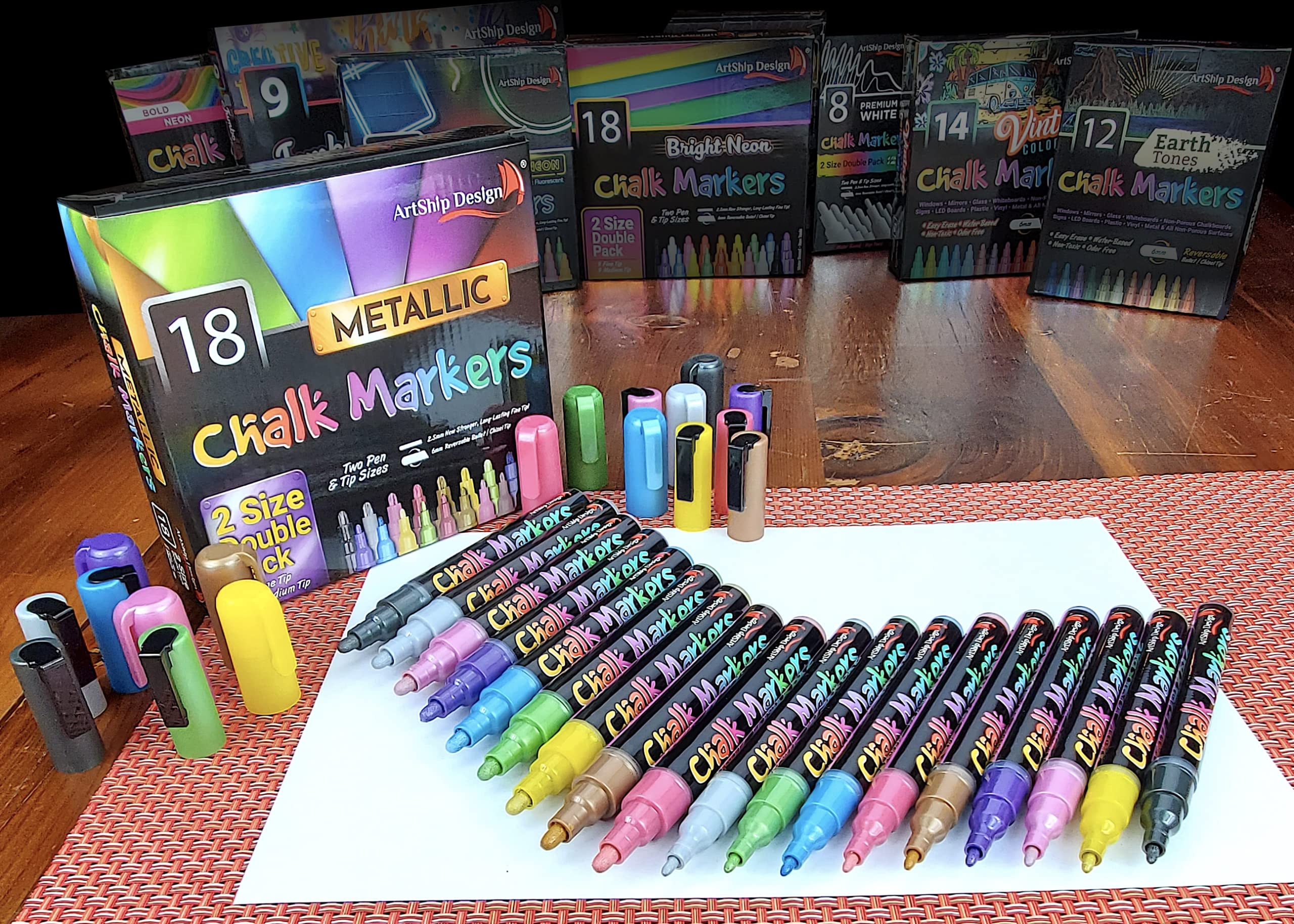 18 Metallic Chalk Markers - Dual Tip Liquid Chalk Pens Set (Fine & Medium Reversible) - Wet Erasable for Whiteboards, Glass, Windows, Mirrors - Perfect for Menu Boards, Classrooms, Restaurants & DIY Crafts