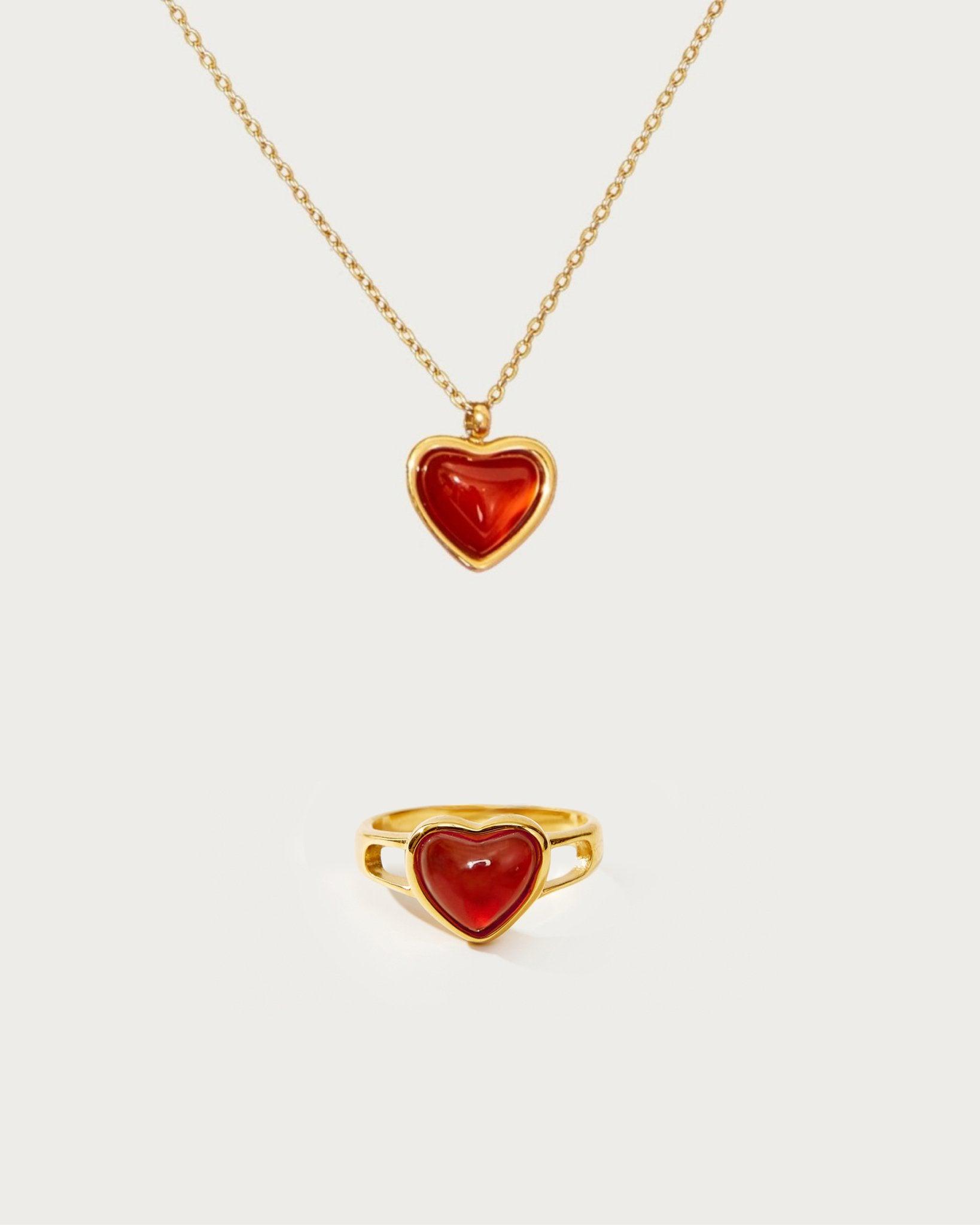 Natural Carnelian Heart Necklace & Ring Set for Women - Healing Crystal Jewelry Gift for Love & Protection - Perfect for Valentine's Day, Anniversary & Spiritual Healing