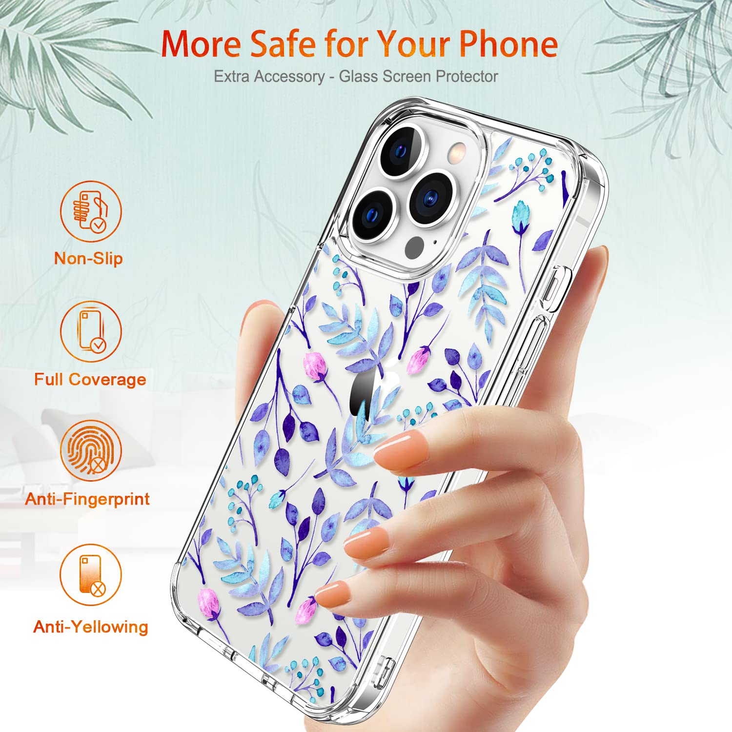 GiiKa iPhone 13 Pro Max Case with Screen Protector - 6.7 Inch Clear Shockproof Protective Case for Women, Floral Design Hard Phone Cover with TPU Bumper - Perfect for Everyday Use, Work, and Travel (Blue Floral)