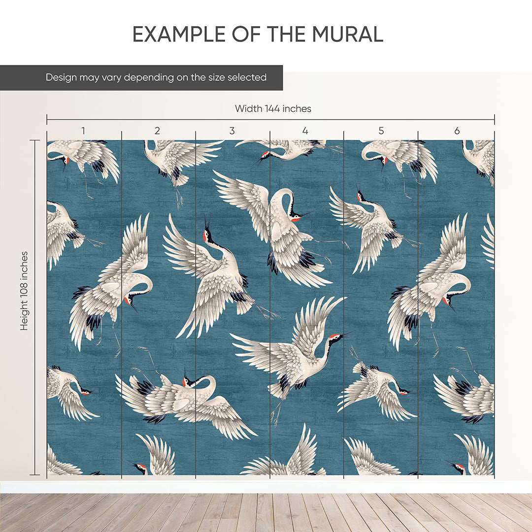 Flying Blue Japanese Cranes Wall Mural WM116 - Elegant Home Decor for Living Room, Bedroom & Office - Traditional Asian Art Peel and Stick Wallpaper
