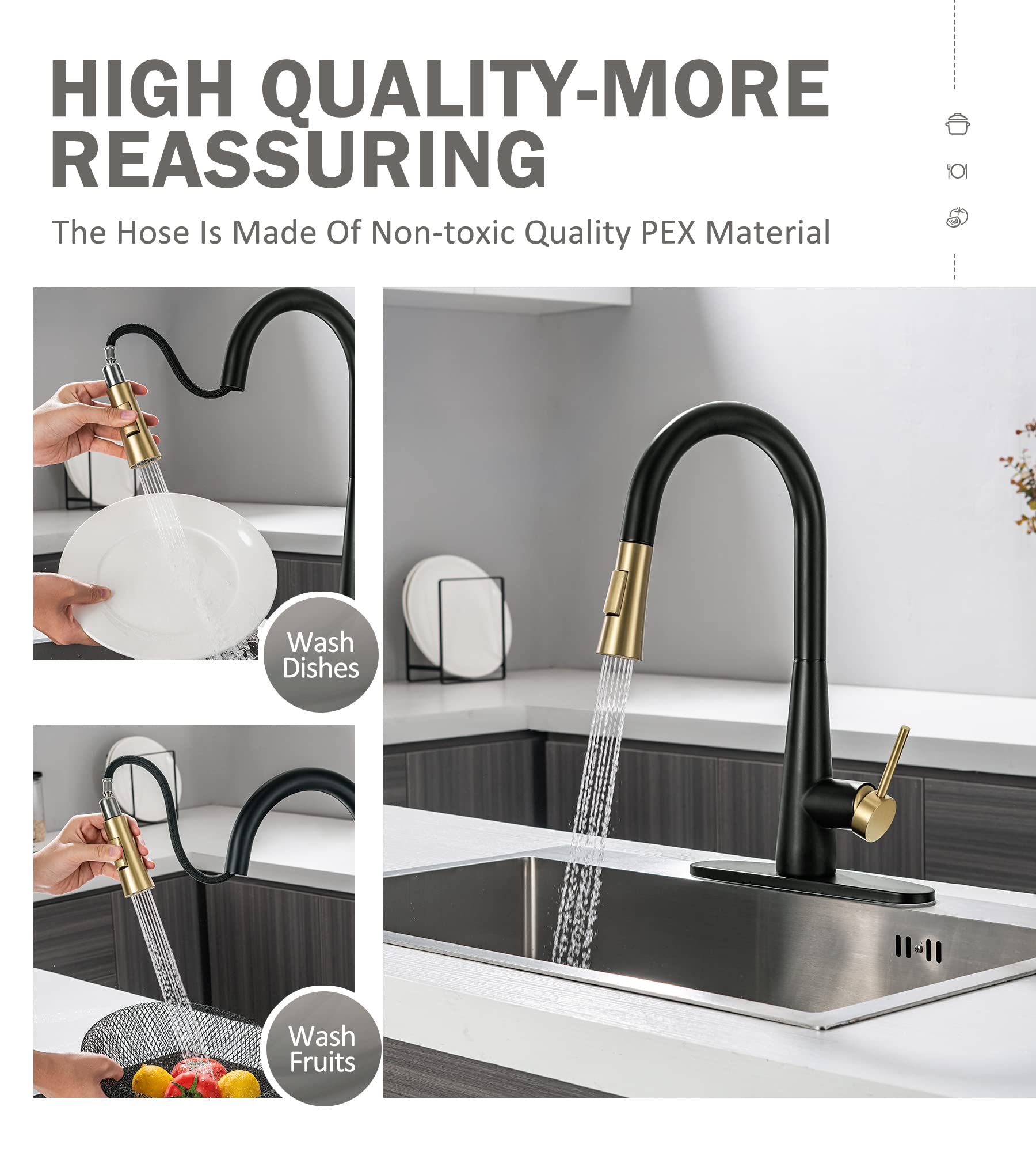 Black & Gold Kitchen Faucet with Pull-Down Sprayer - Modern Matte Black Stainless Steel for Home Kitchen