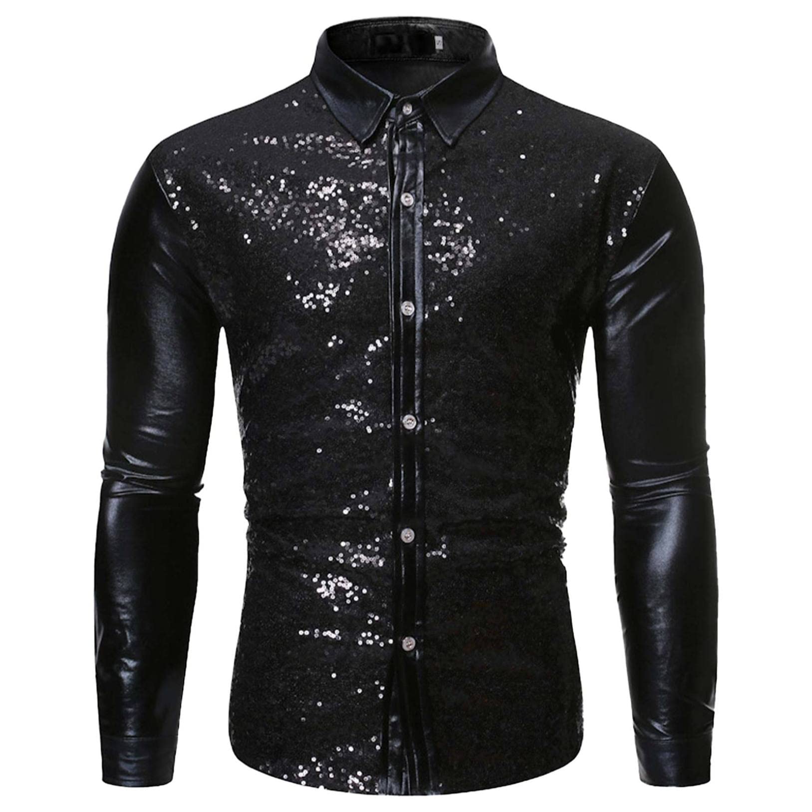 Hularka Men's Sequin Dress Shirt - Long Sleeve Button Down Disco Party Shirt - Sparkly Metallic Top for 70s Theme Parties, Nightclubs & Special Events