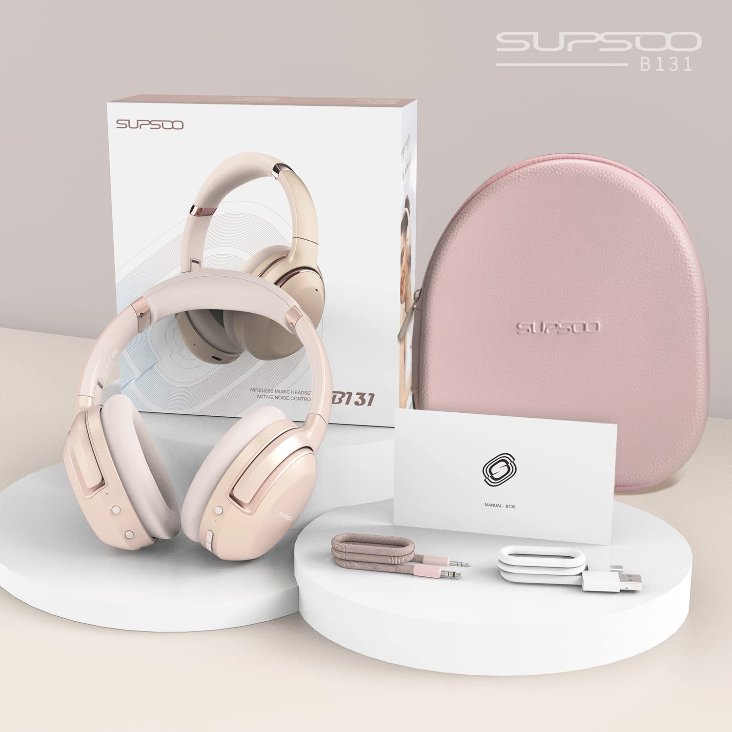 Wireless Over-Ear Headphones with Active Noise Cancelling, Bluetooth 5.0, Built-in Mic - 80H Playtime, Hi-Fi Stereo Sound for PC, Phone, Home Office - Perfect for Travel, Work & Gaming (Rose Gold)