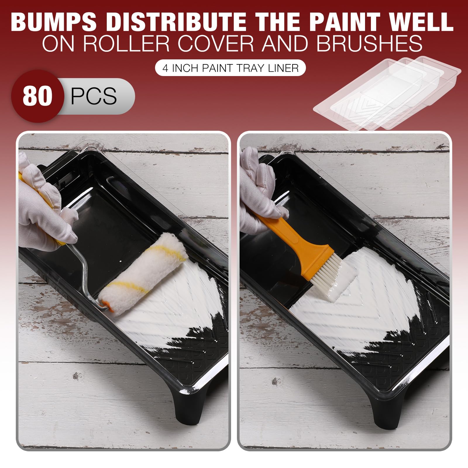 Geelin 80-Pack 4 Inch Disposable Paint Tray Liners - White Plastic Textured Paint Pans for Walls, Compatible with Most Paint Rollers - Perfect for Home DIY Painting Projects & Professional Wall Painting