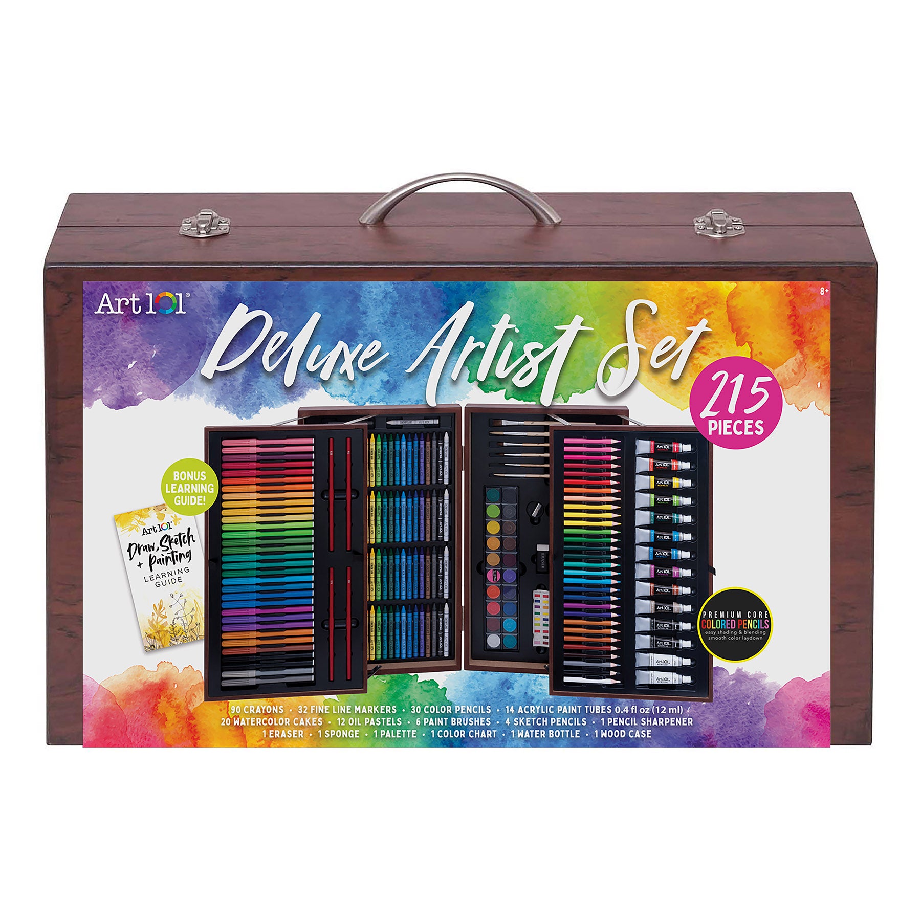 Art 101 Deluxe Wood Artist Set - 215 Piece Complete Art Studio Kit with Premium Drawing Supplies for Professional & Beginner Artists - Perfect for Sketching, Painting & Art Classes
