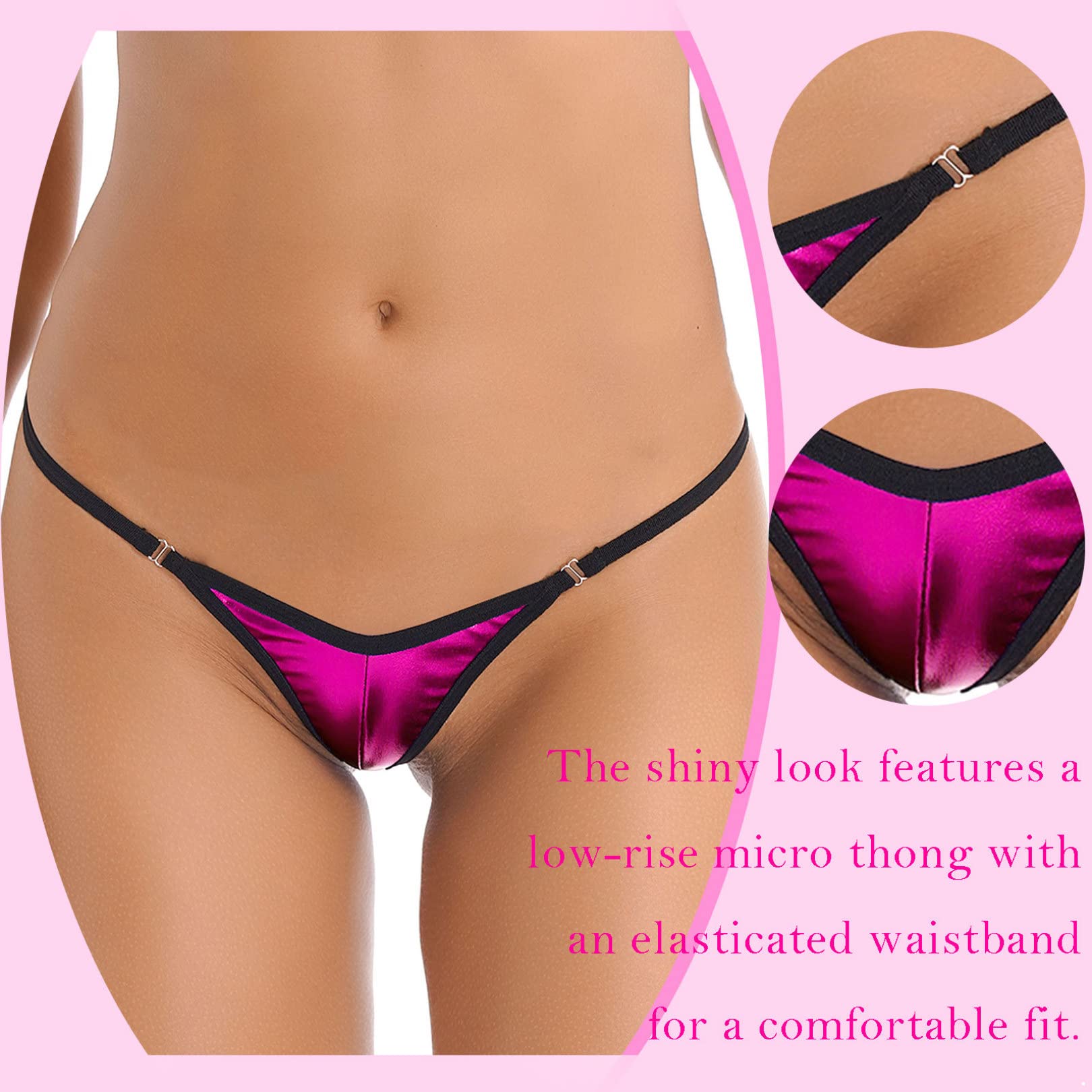 EasyForever Women's Shiny Metallic Low Rise Micro Thong - Elastic Waistband G-String Underwear & Bikini Bottoms for Beach, Pool & Sensual Wear