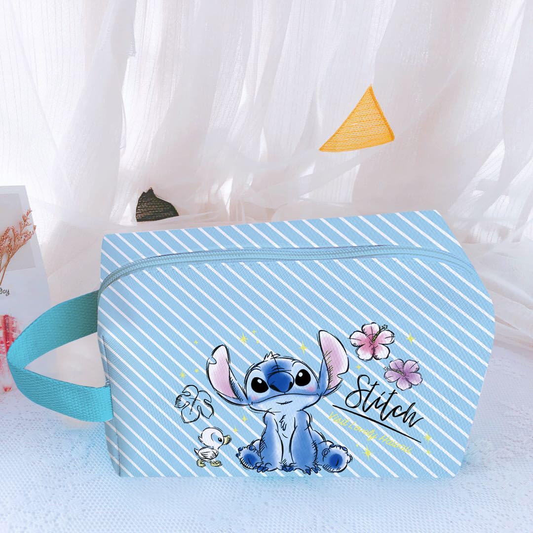 Stitch Cosmetic Bag with Mirror & Bracelet - Large PU Travel Organizer for Women & Girls - Perfect Gift for Makeup Lovers