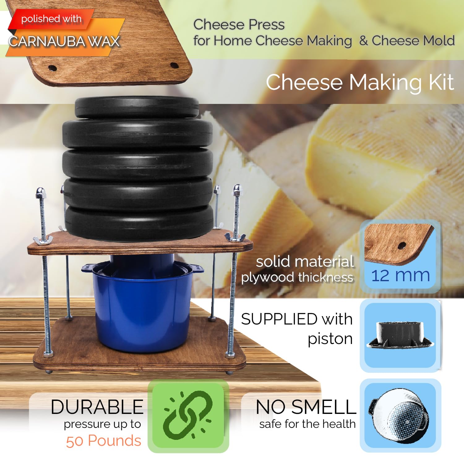 Premium Wooden Cheese Press Kit - 12in Plywood with 1/2in Thick Metal Guides & Cheese Mold - 1/2 Gallon Capacity - DIY Cheese Making Supplies for Home Cheesemakers - Perfect for Cheddar, Gouda & Artisan Cheeses - Prensa Para Queso Casero - Ideal for Home Kitchens & Small Batch Cheese Production
